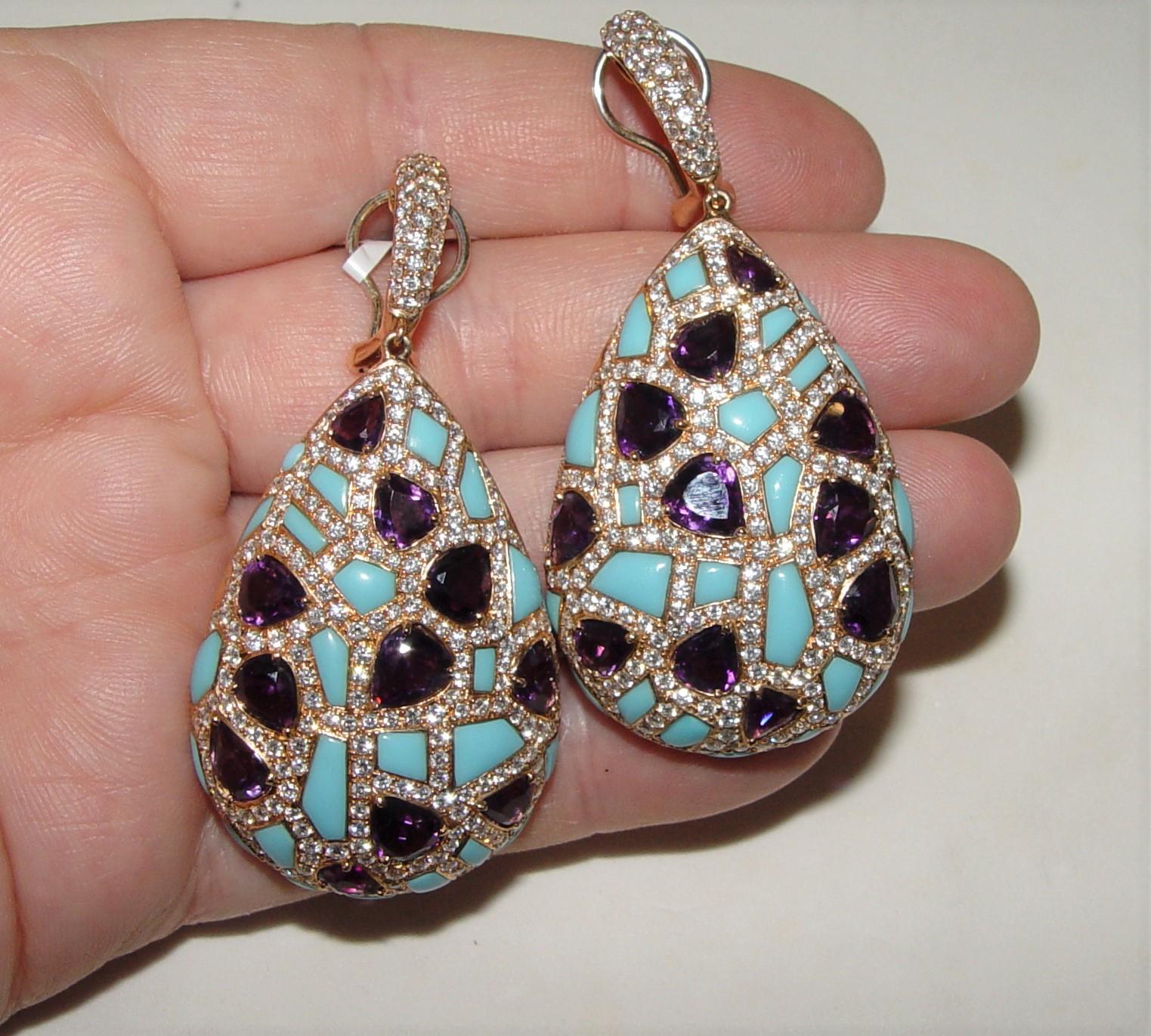 Damaso Martinez Diamond, Amethyst, Turquoise Earring/Ring 58.9gram Set 18K s-6 For Sale 1