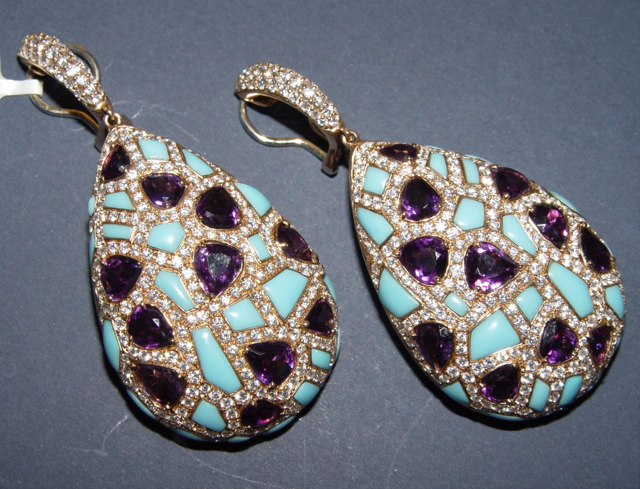 Damaso Martinez Diamond, Amethyst, Turquoise Earring/Ring 58.9gram Set 18K s-6 For Sale 5