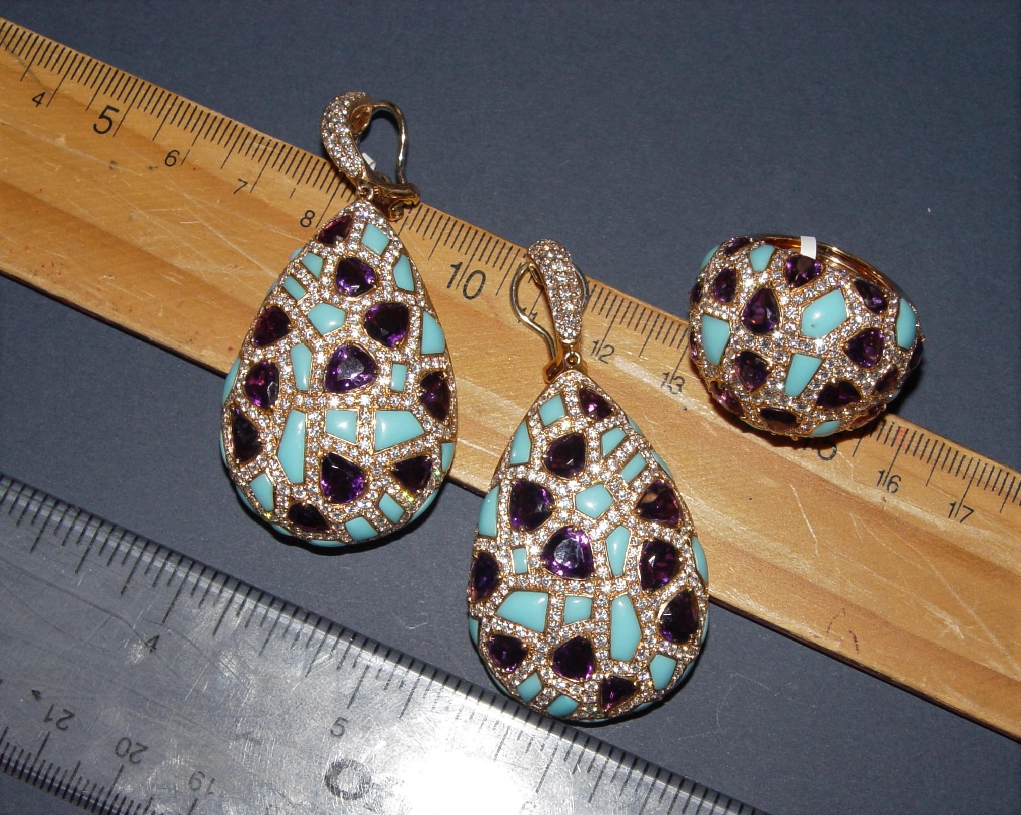 Damaso Martinez Diamond, Amethyst, Turquoise Earring/Ring 58.9gram Set 18K s-6 For Sale 7