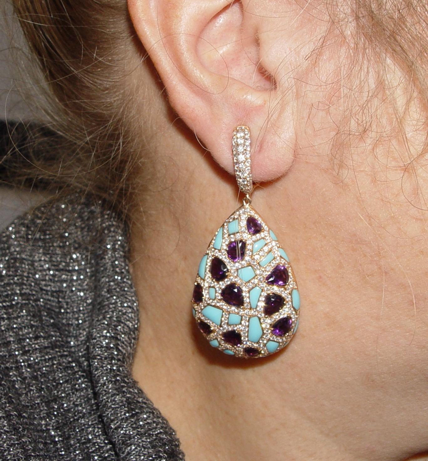 Damaso Martinez Diamond, Amethyst, Turquoise Earring/Ring 58.9gram Set 18K s-6 In New Condition For Sale In Chicago, IL