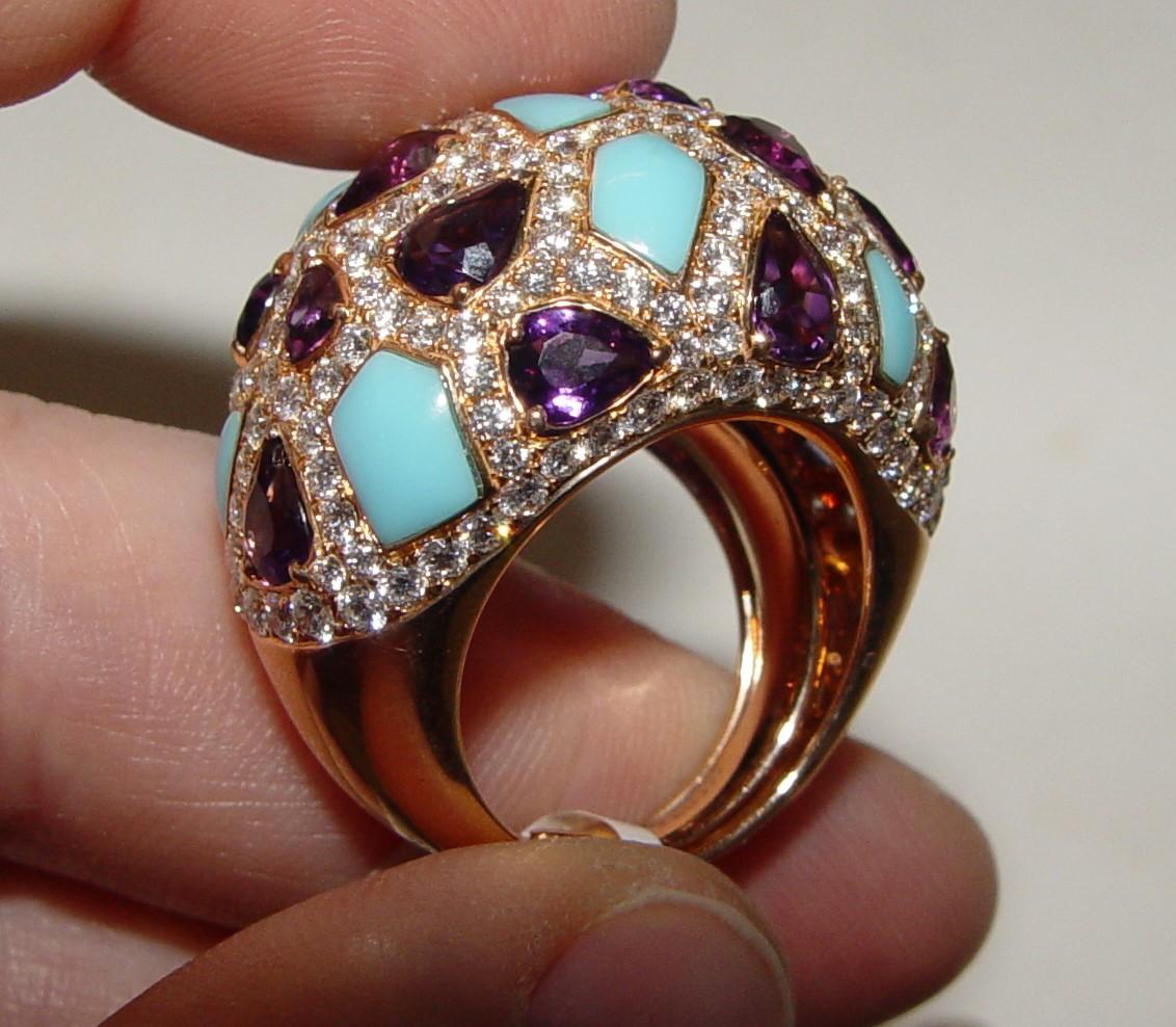 Women's Damaso Martinez Diamond, Amethyst, Turquoise Earring/Ring 58.9gram Set 18K s-6 For Sale
