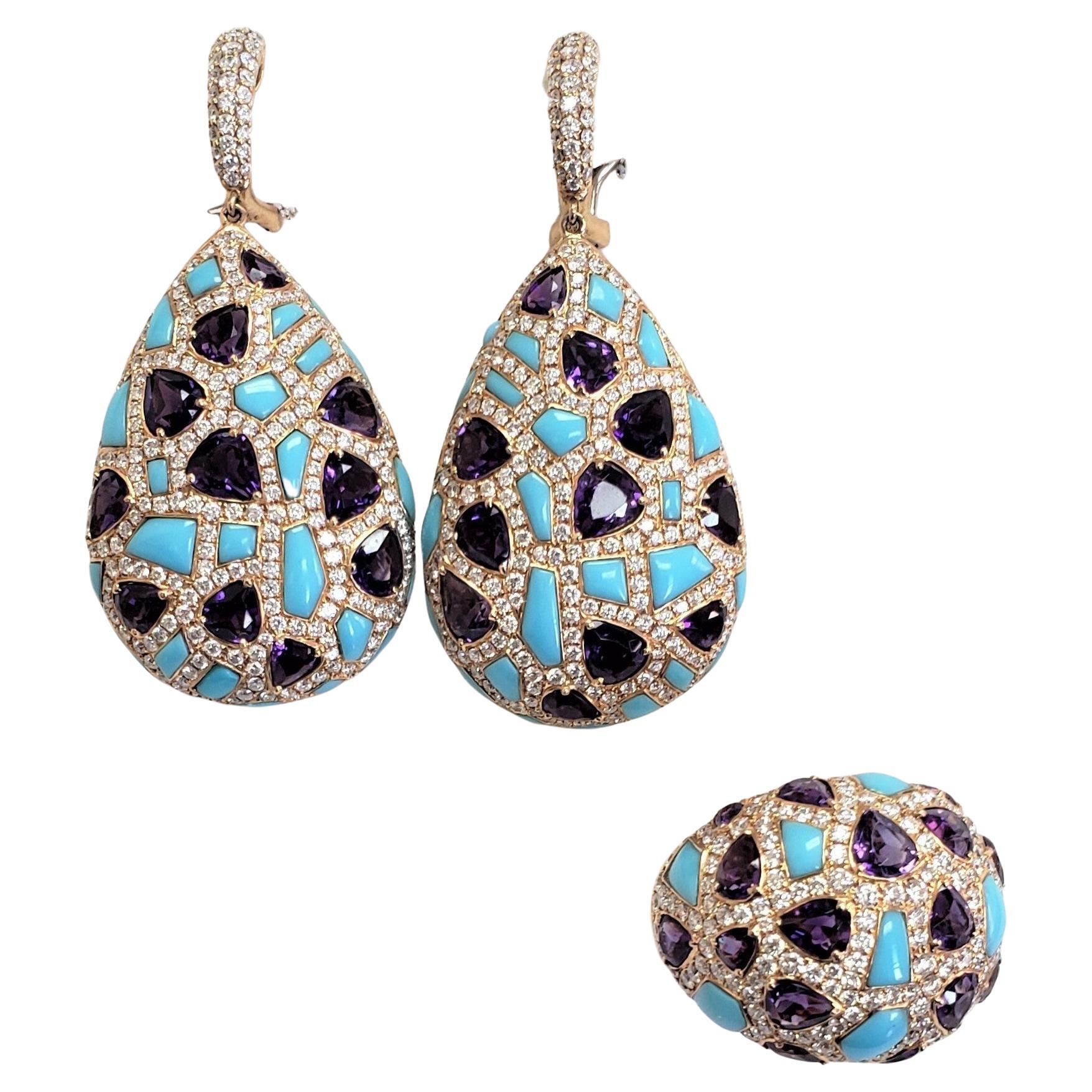 Damaso Martinez Diamond, Amethyst, Turquoise Earring/Ring 58.9gram Set 18K s-6 For Sale