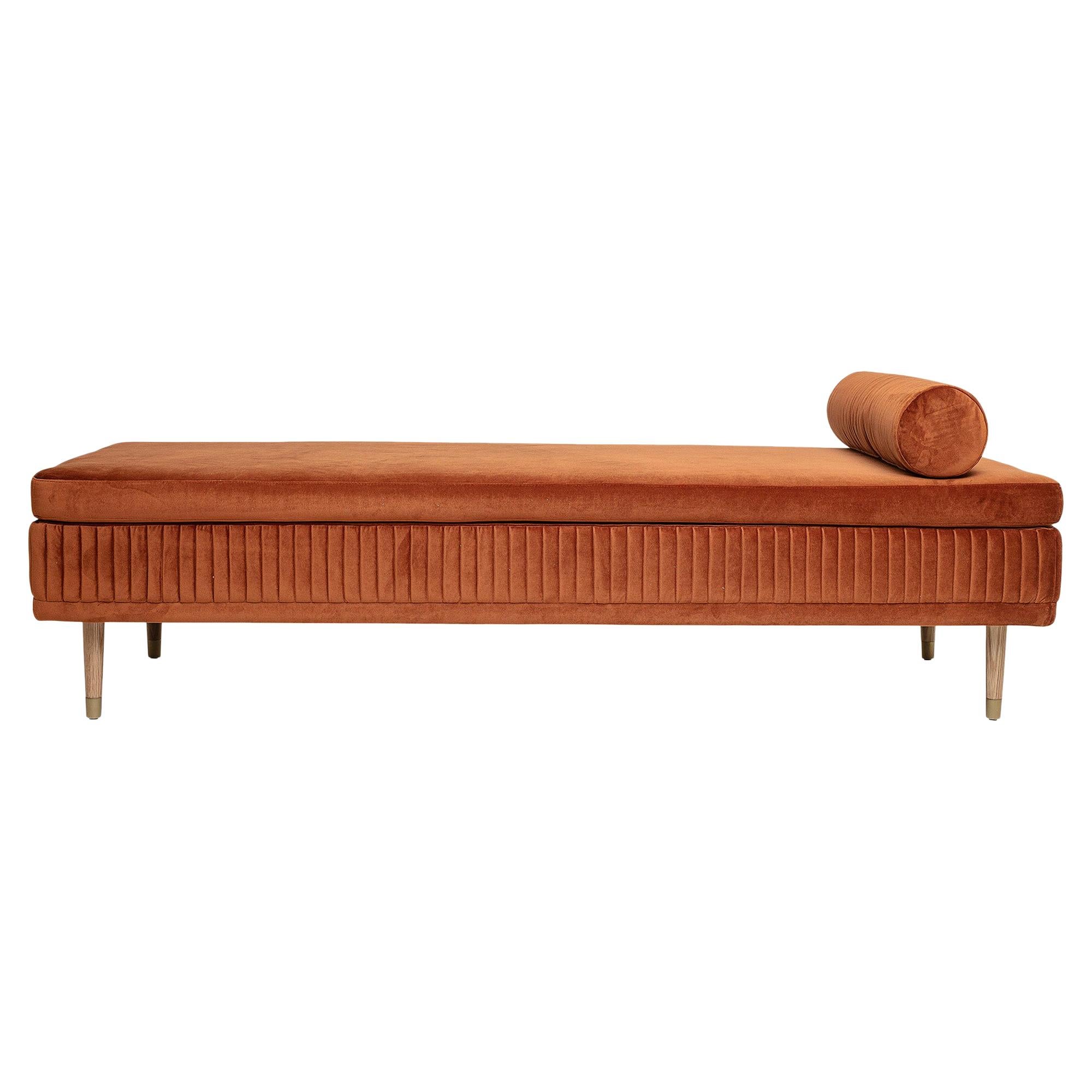 Dame Nude Oak and Bronze Color Velvet Daybed with Metal Foot Detailing For Sale