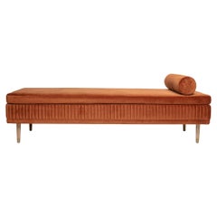 Vintage Dame Nude Oak and Bronze Color Velvet Daybed with Metal Foot Detailing