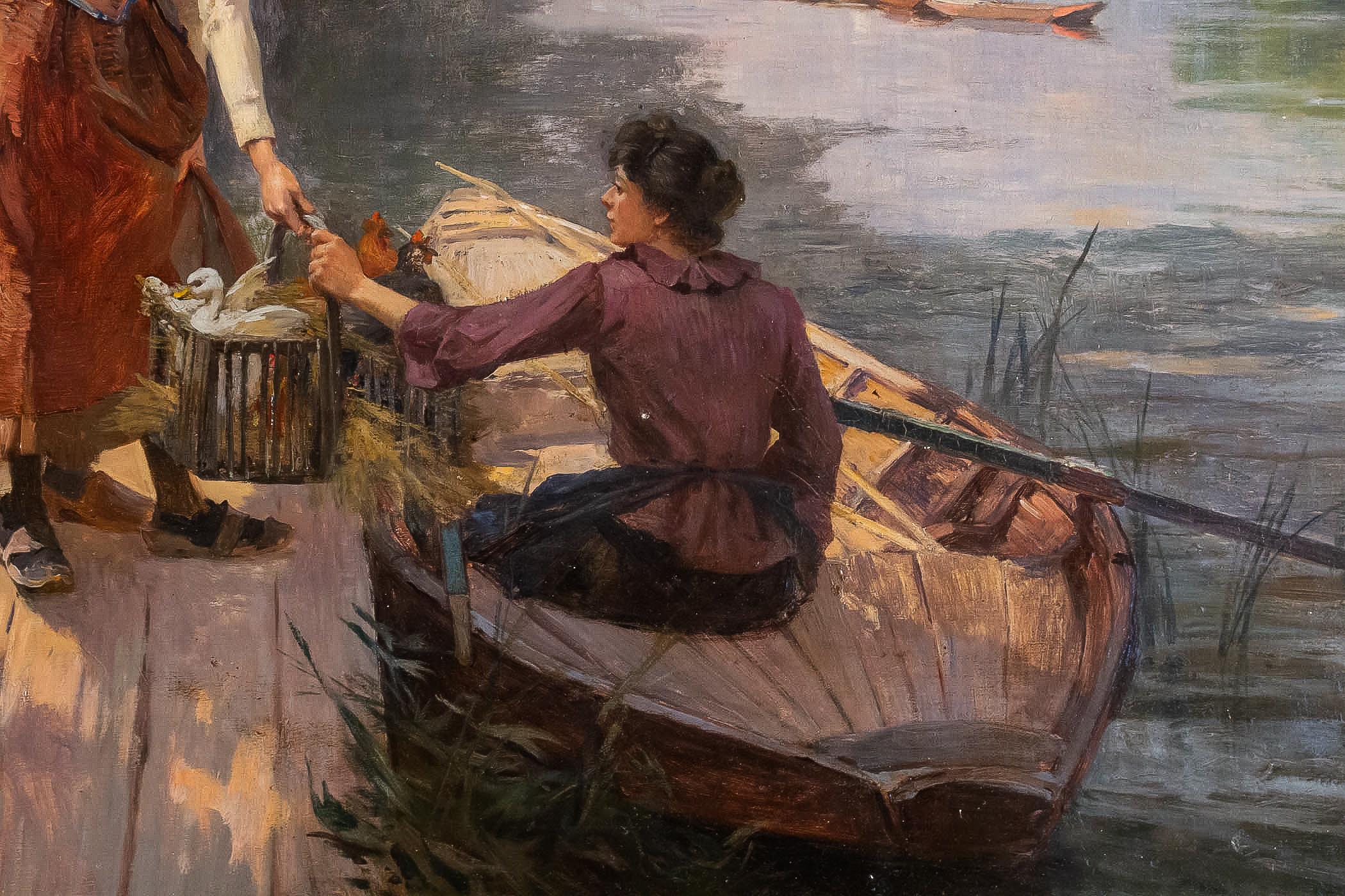 Giltwood Dameron Emile-Charles Oil on Canvas, the Merchants on the River-Banks circa 1880