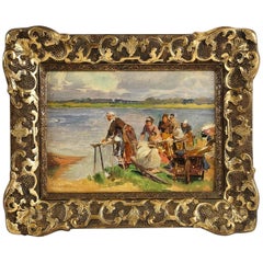 Antique Dameron Emile-Charles, Oil on Panel, 'The Washerwomen', circa 1880-1890