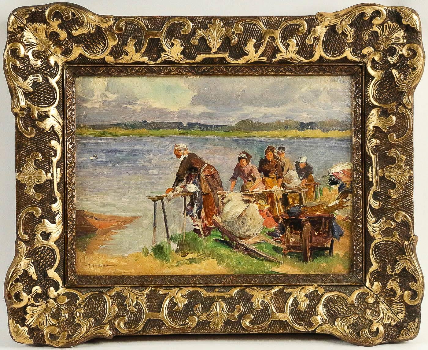 A beautiful oil on panel, The Washerwomen.

Our painting, French school, is an excellent condition and is signed by a famous French artist-painter, Emile-Charles Dameron, circa 1880-1890.

Dimensions unframed: H 9.44 in., W 12.99 in.
Dimensions with