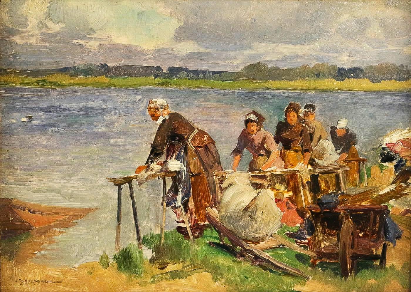 French Dameron Emile-Charles, Oil on Panel, 'The Washerwomen', circa 1880-1890