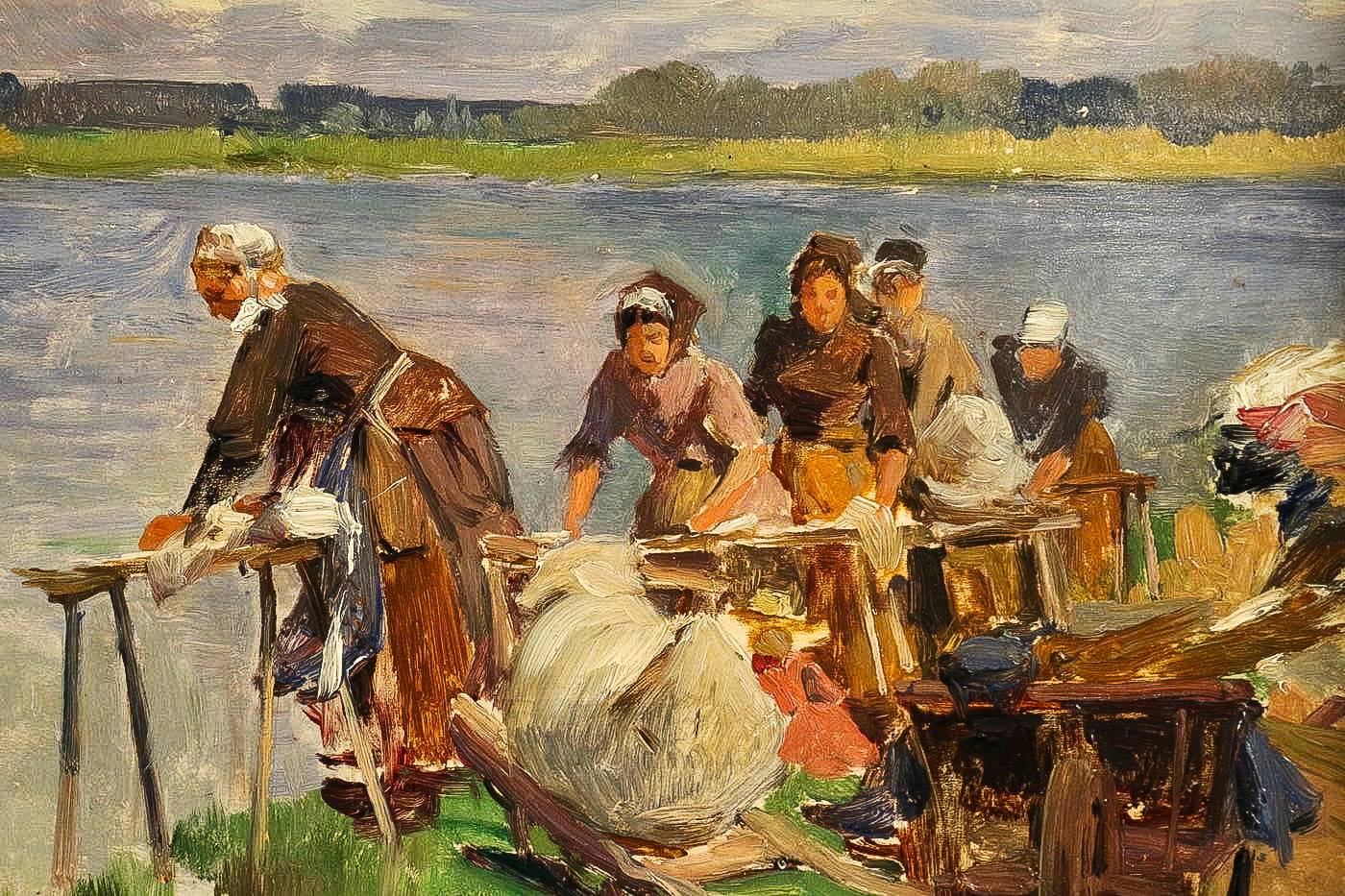 Paint Dameron Emile-Charles, Oil on Panel, 'The Washerwomen', circa 1880-1890