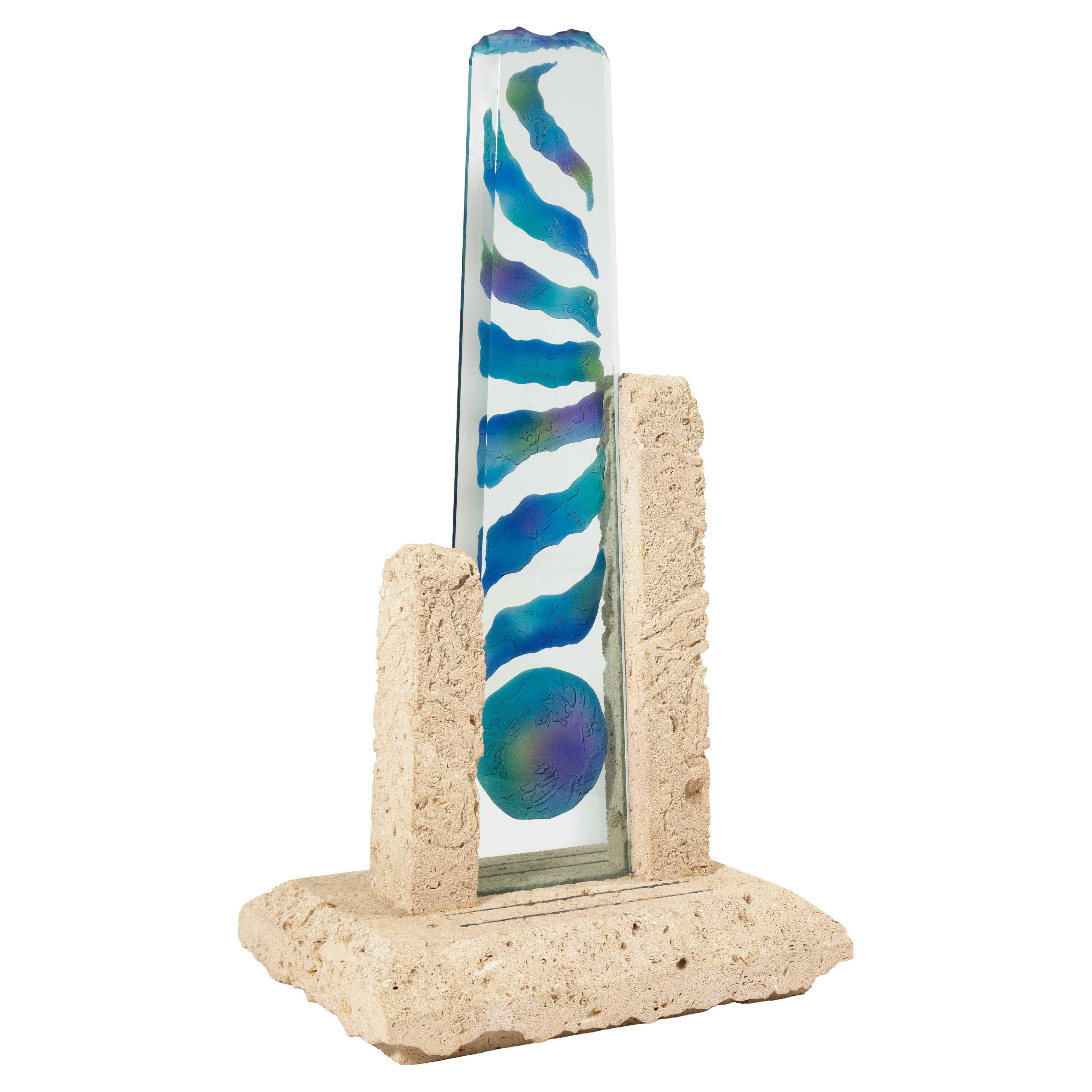 Damian Priour Art Glass 
Limestone Sculpture Postmodern Custom Design 1990s For Sale