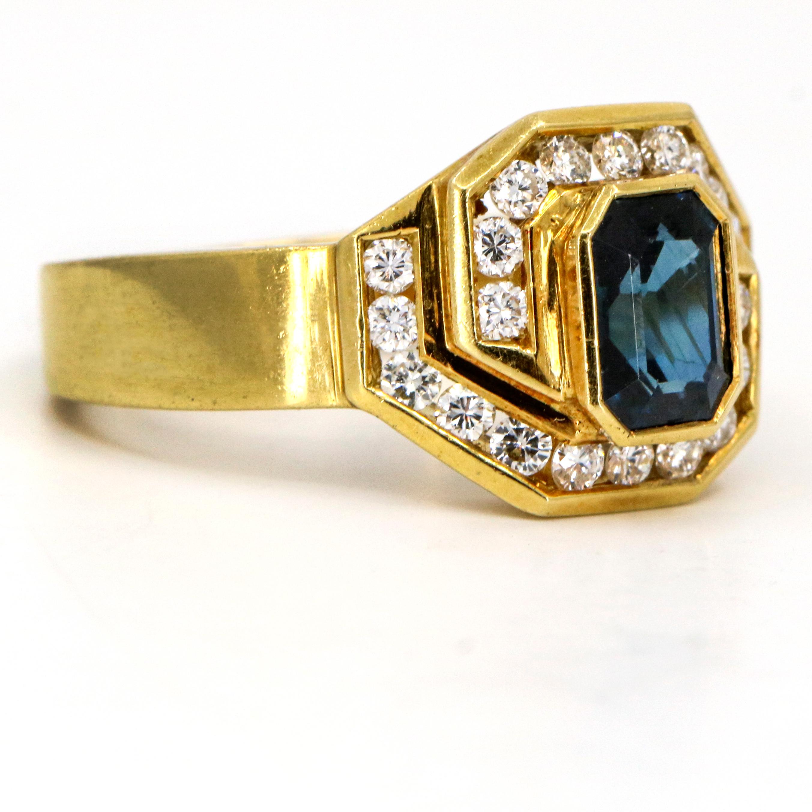 Emerald Cut Damiani 1.25 Carat 18 Karat Yellow Gold Sapphire Diamond Ring For Sale