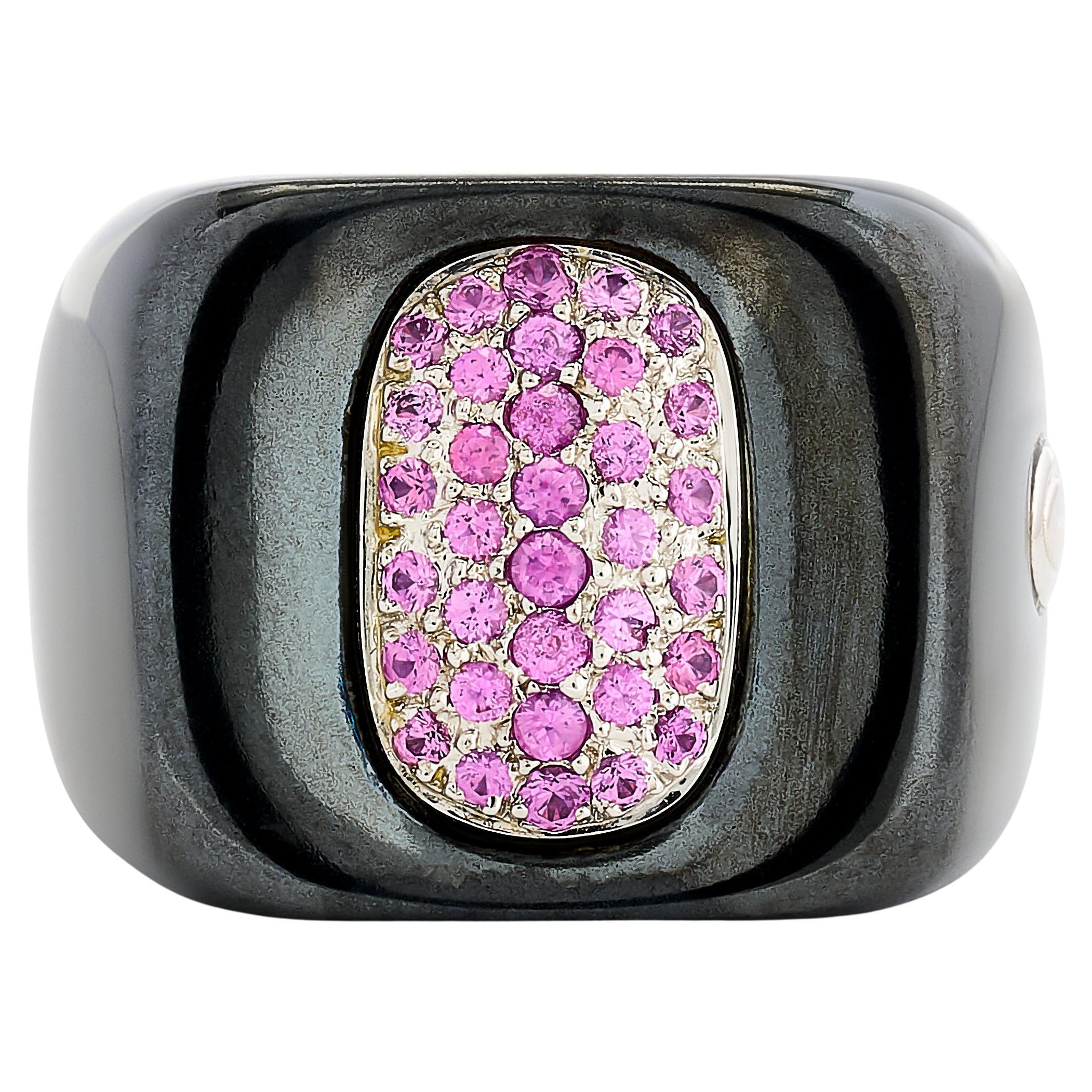 Damiani 18 Karat White Gold Pink Sapphire and Hematite Ring For Sale