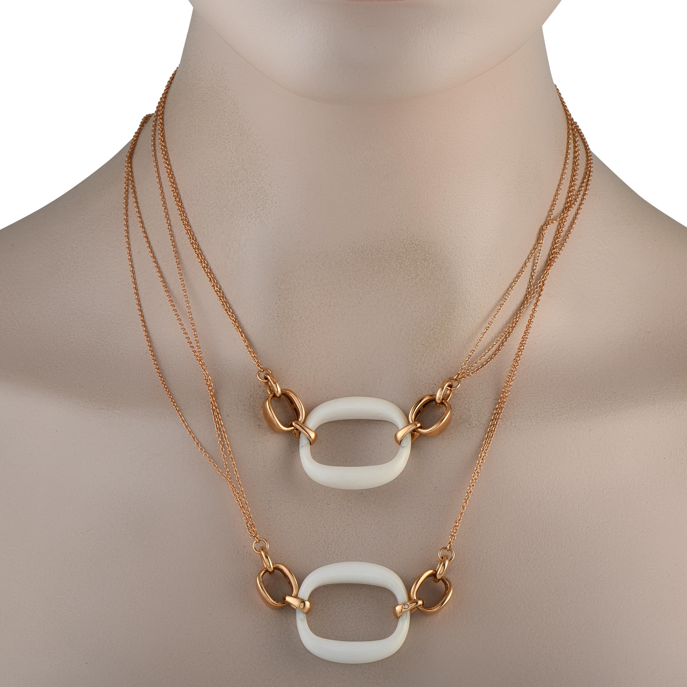 White Agate links serve as a stunning focal point on this exquisite Damiani necklace. Opulent 18K Rose Gold metalwork and a dynamic double-layered design make this a show-stopping accessory that will instantly elevate any ensemble. It measures 17