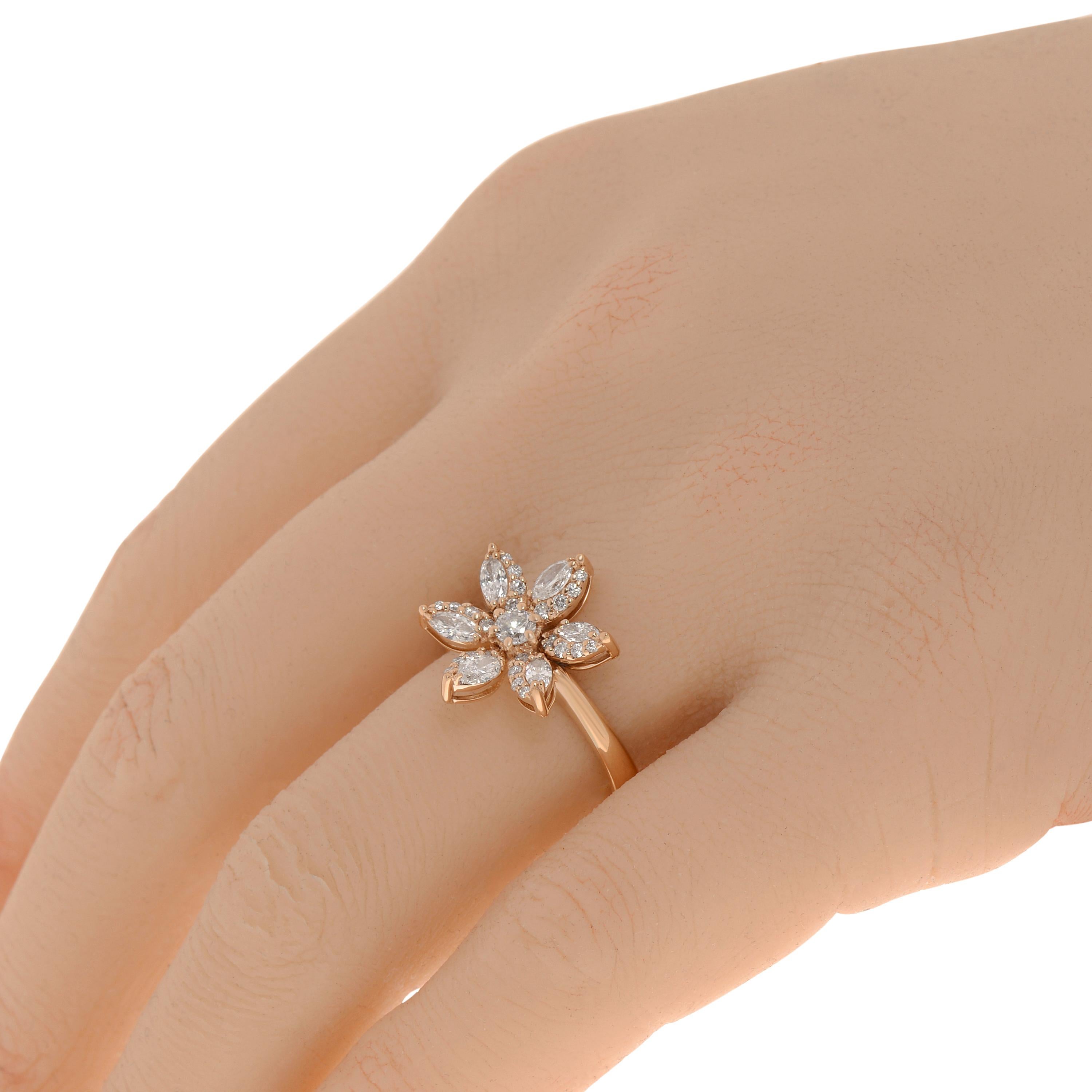 Damiani 18K rose gold ring features a glamorous flower made with 0.69ct. tw. marquise and round cut white diamonds. The ring size is 6.5 (53.1). The decoration size is 1/2