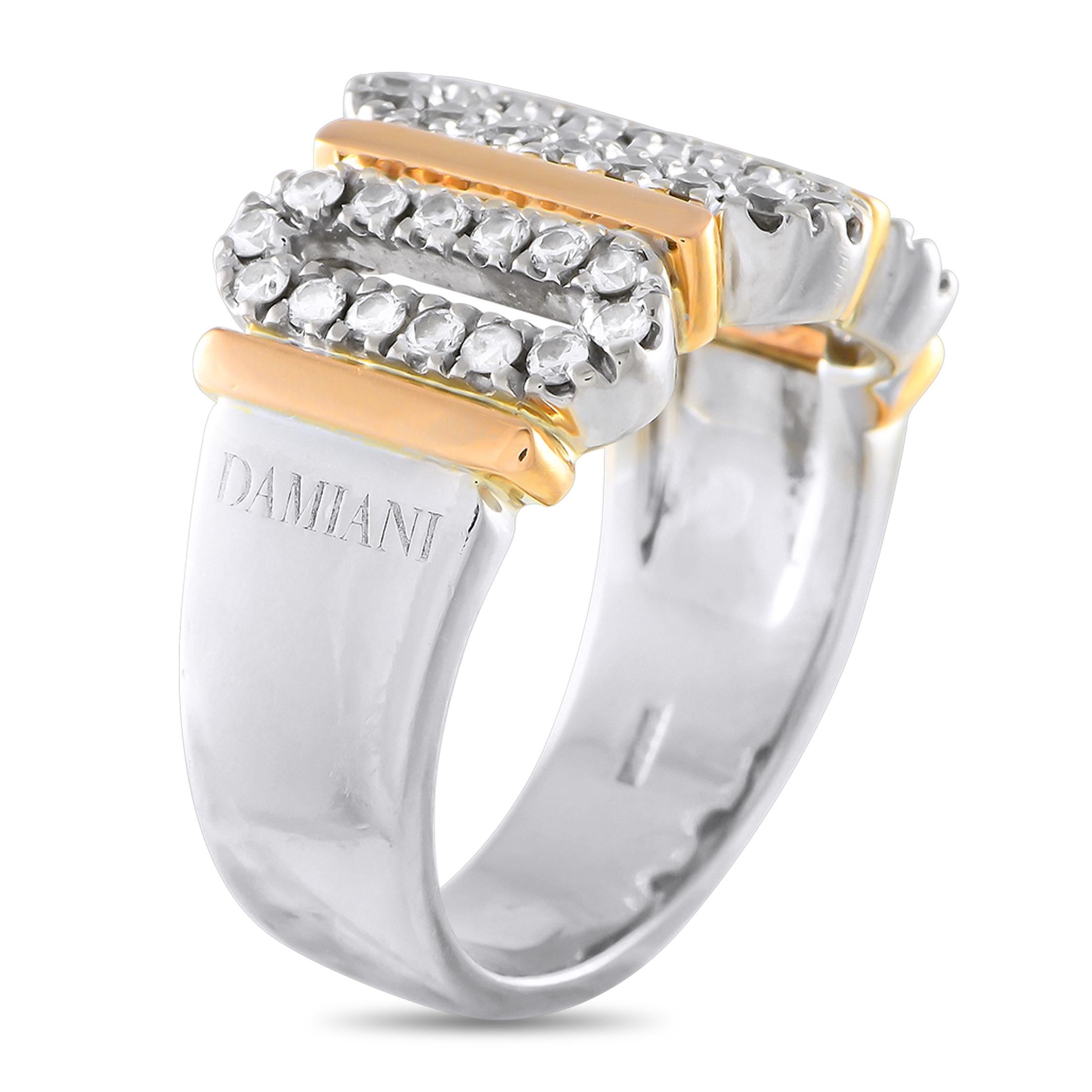 This diamond ring from Italian luxury jewelry brand Damiani showcases a harmony of contrasts. It is designed with a solid semi-flat shank, detailed with oval rows of diamonds in between yellow gold collars. The ring's top dimensions measure 11mm by