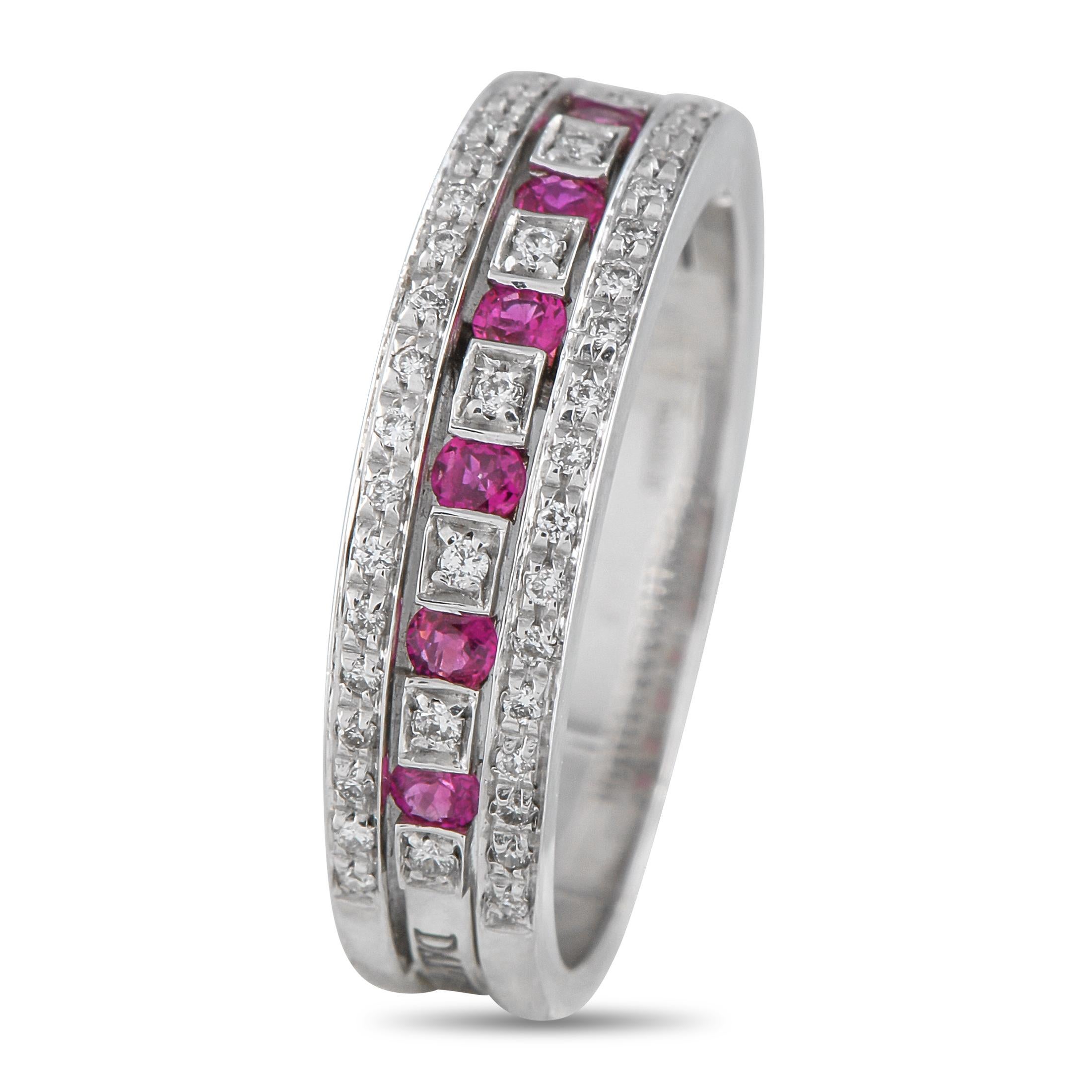 This Damiani ring is sleek, elegant, and perfectly understated. Ideal for everyday wear, the 18K White Gold band features a stunning array of Diamonds totaling 0.16 carats. Inset Ruby gemstones with a total weight of 0.25 carats provide a luxurious