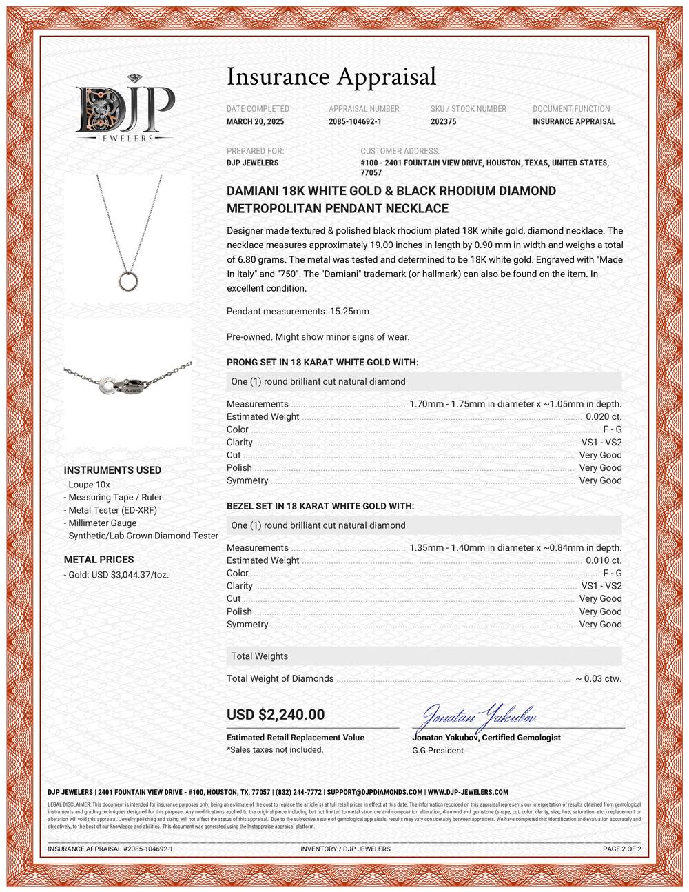 Women's or Men's Damiani 18K White Gold & Black Rhodium Diamond Metropolitan Pendant Necklace For Sale