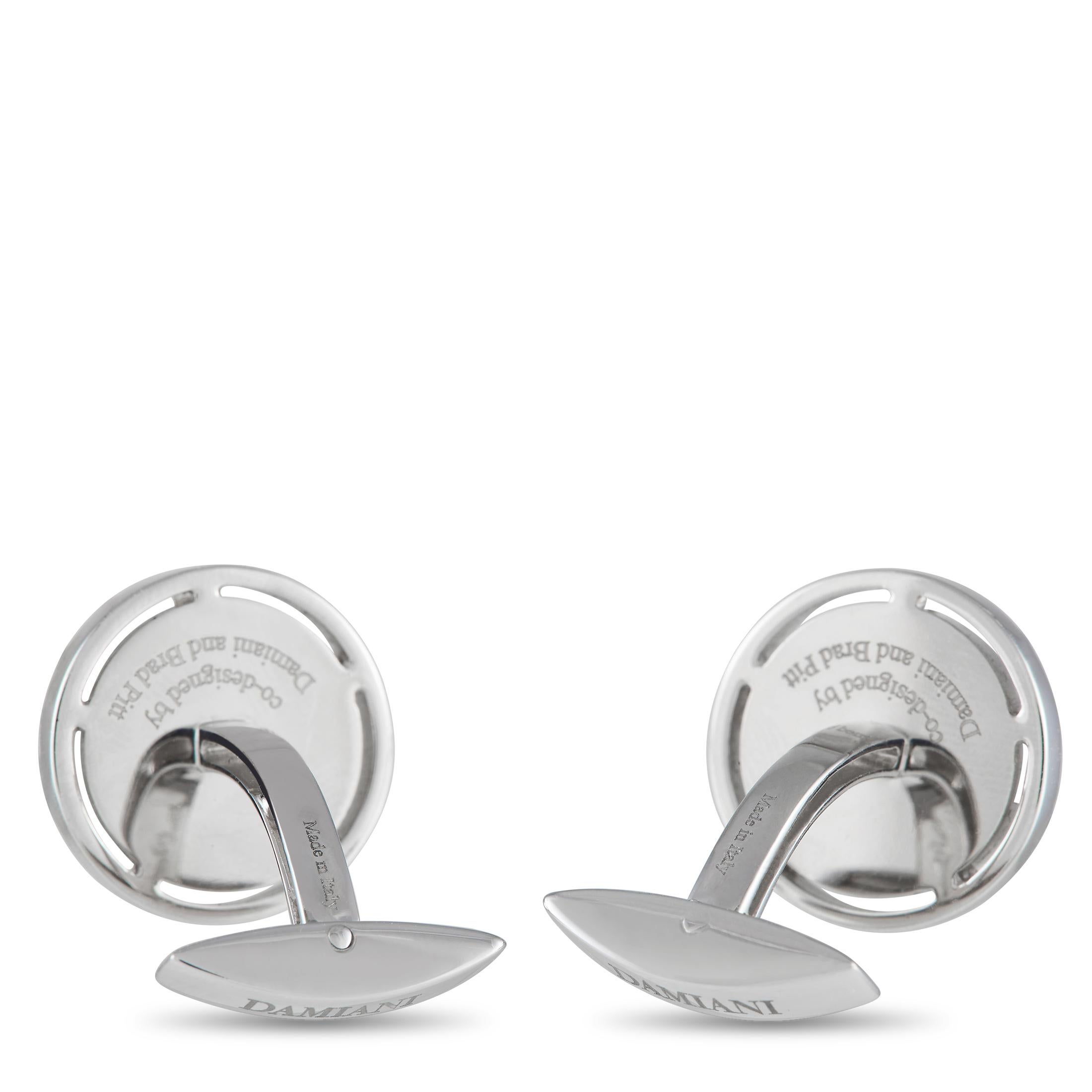 Designed by Damiani in collaboration with Brad Pitt, these cufflinks have a clean, sophisticated look that will never go out of style. A captivating onyx stone sits at the center of the sleek 18K white gold setting, which measures 0.65” round.