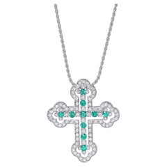 Damiani 18k White Gold, Diamond & Emerald Cross Pendant Necklace