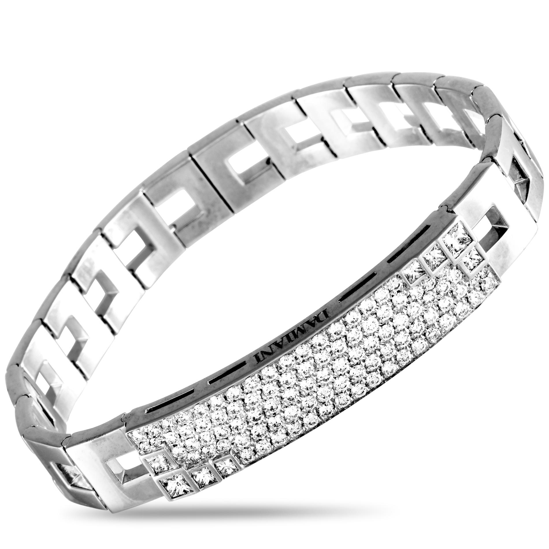 This Damiani bracelet is made out of 18K white gold and diamonds that weigh 3.26 carats in total. The bracelet weighs 53.7 grams and measures 7.50” in length, while the pendant is 2.00” long.
 
 Offered in brand new condition, this item includes