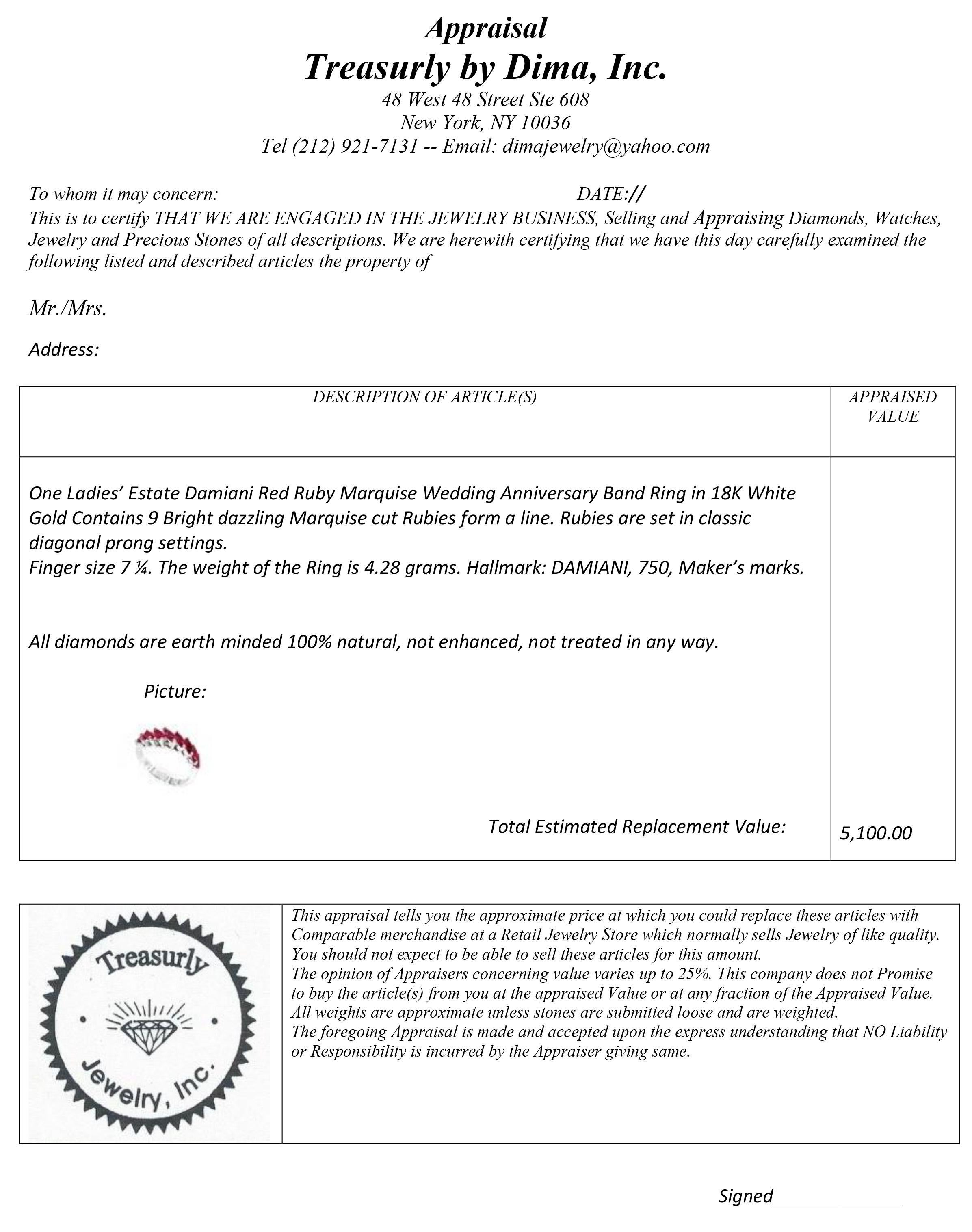 Women's Damiani 2.0ct Red Ruby Marquise Estate Wedding Anniversary White Gold Band Ring For Sale