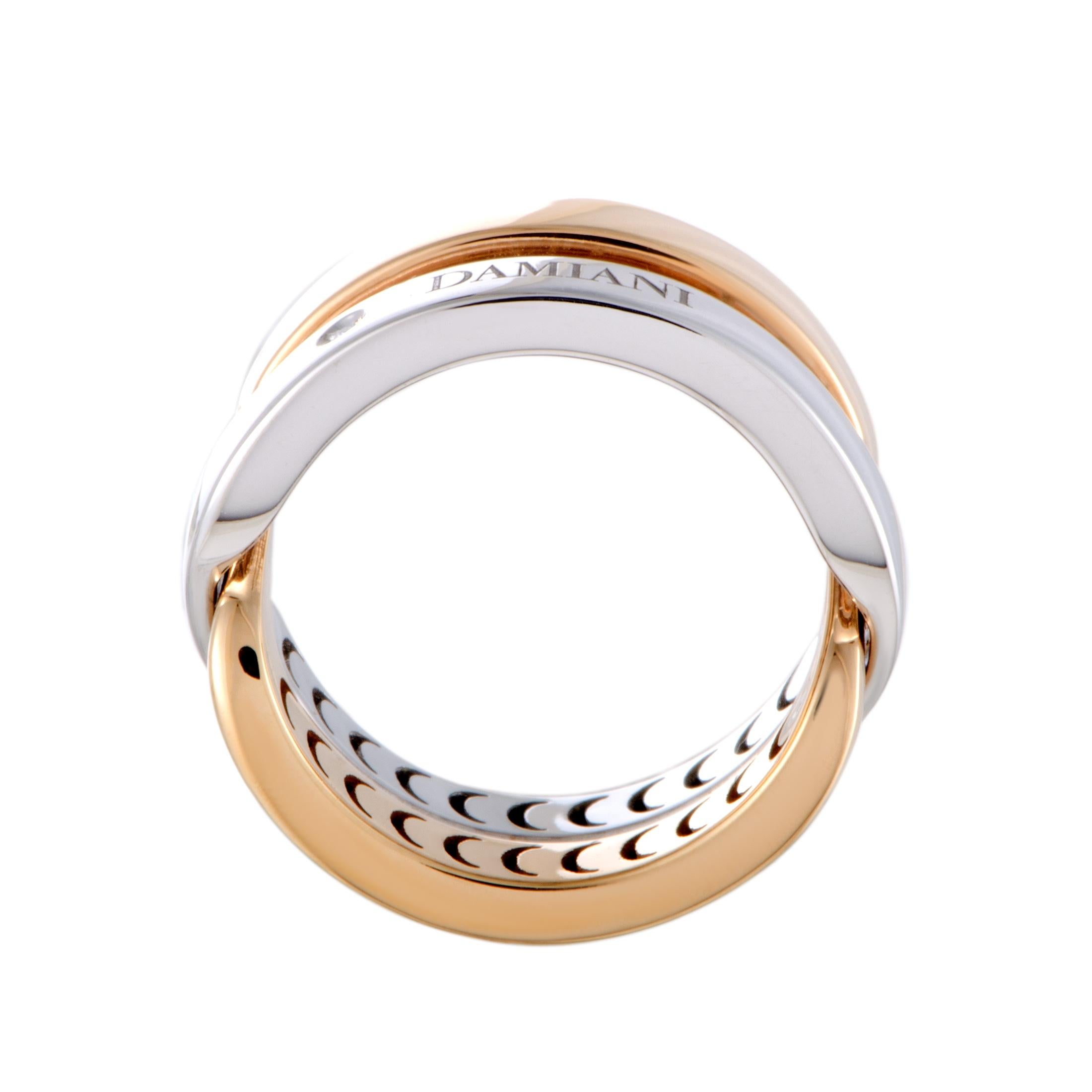 Featuring the ever-attractive combination of elegantly gleaming 18K white gold and alluringly radiant 18K rose gold, this stunning jewelry piece offers a look that is both splendidly sophisticated and incredibly eye-catching. The ring is beautifully