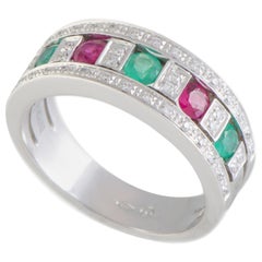 Damiani Belle Epoque 18 Karat White Gold Diamond, Ruby, and Emerald Band Ring