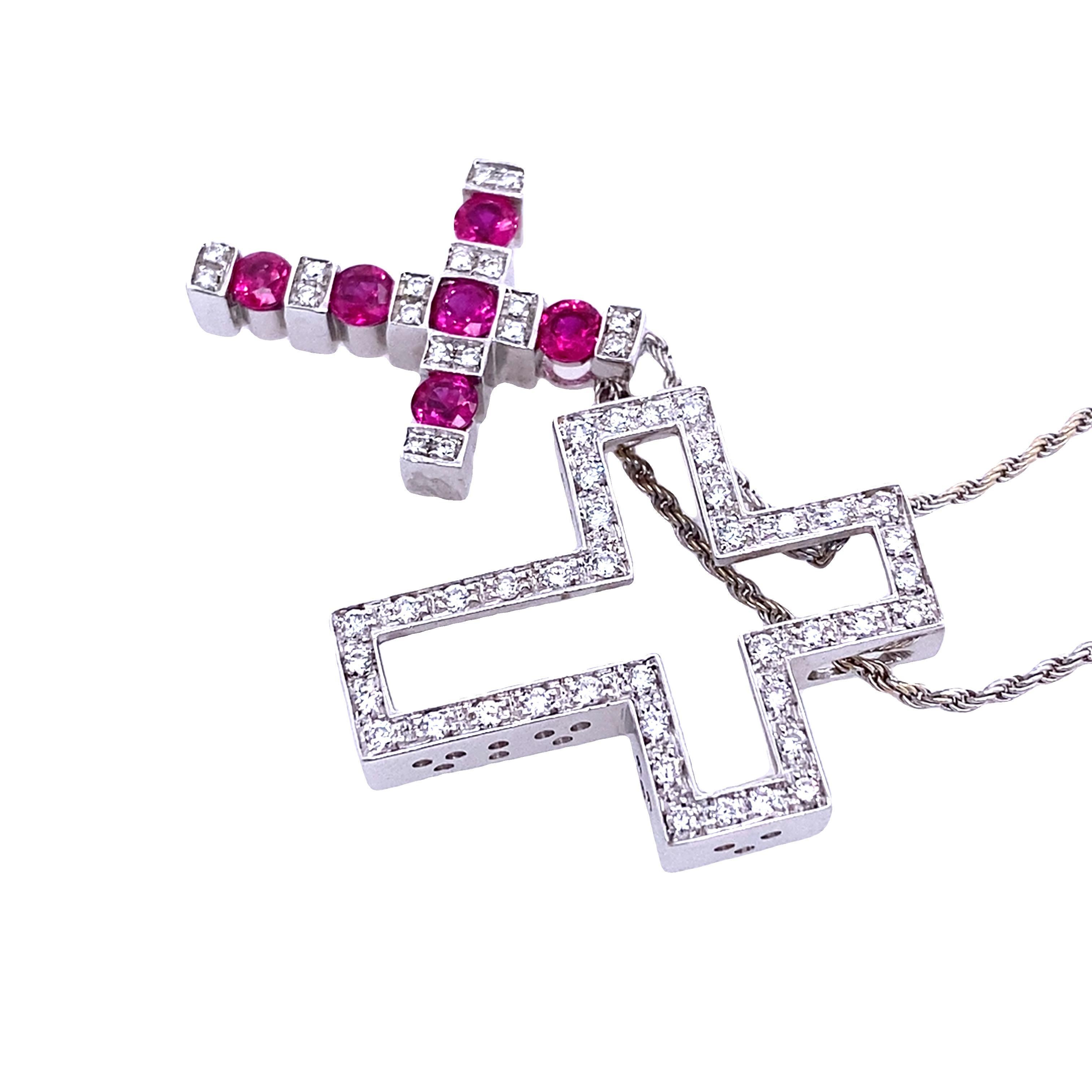 Modern Damiani Belle Epoque 18ct White Gold Ruby & Diamond Cross on 18” Solid Chain
