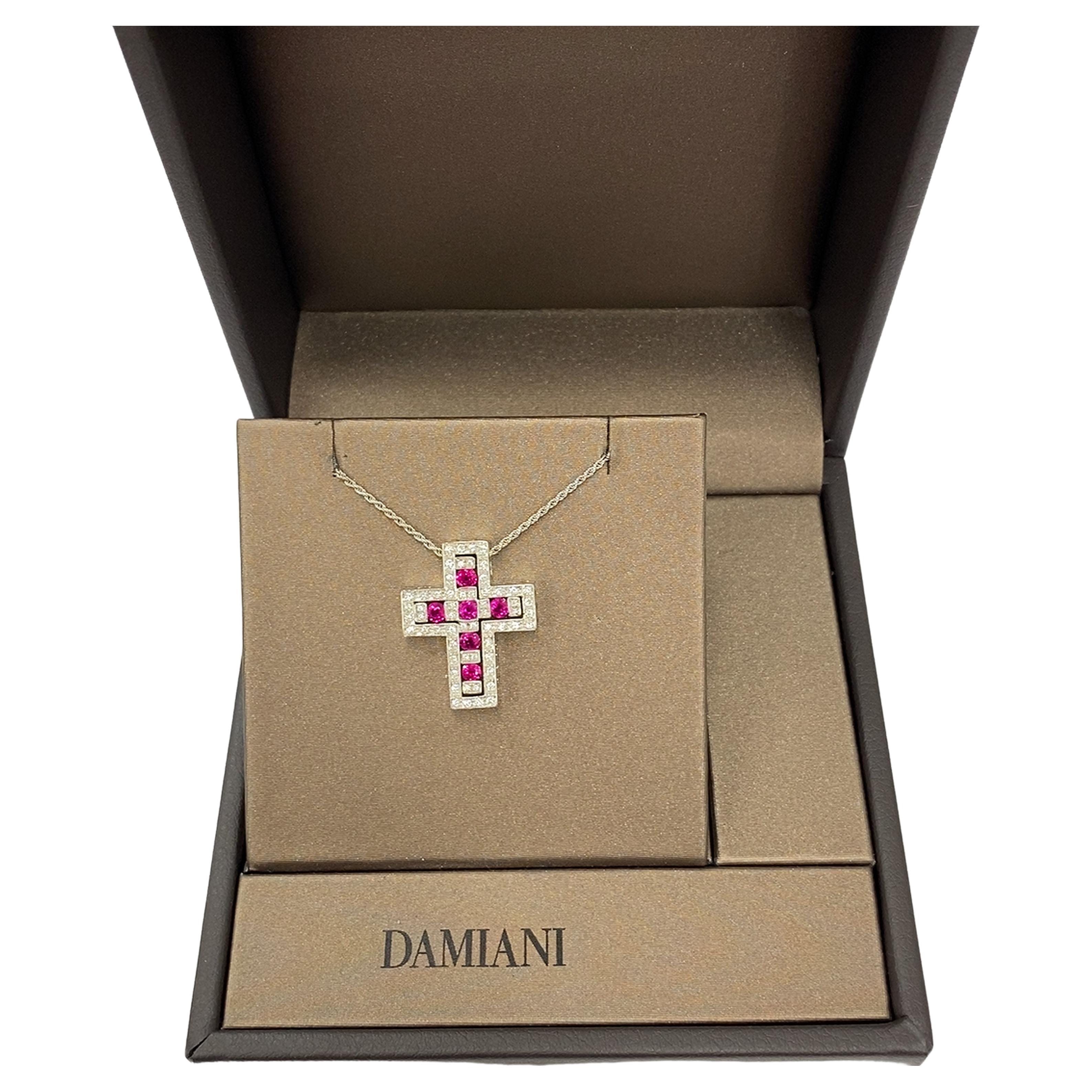 Damiani Belle Epoque 18ct White Gold Ruby & Diamond Cross on 18” Solid Chain