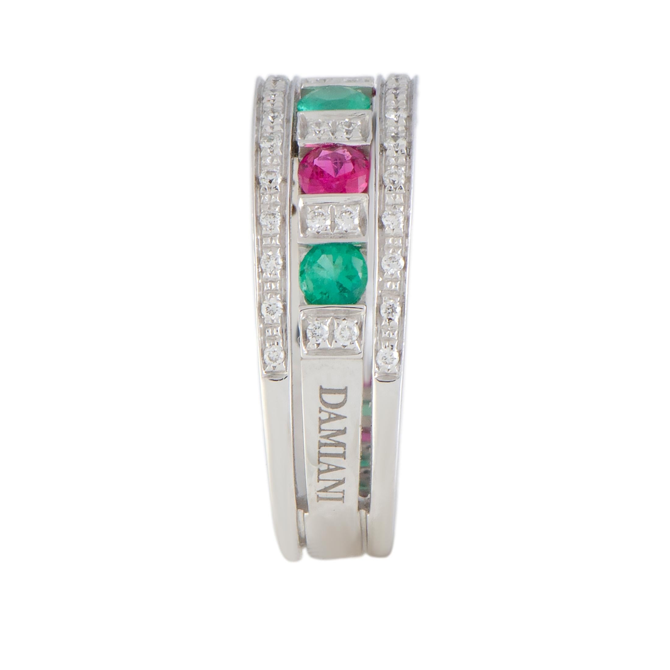 Damiani Belle Epoque 18 Karat White Gold Diamond, Ruby, and Emerald Band Ring In New Condition In Southampton, PA