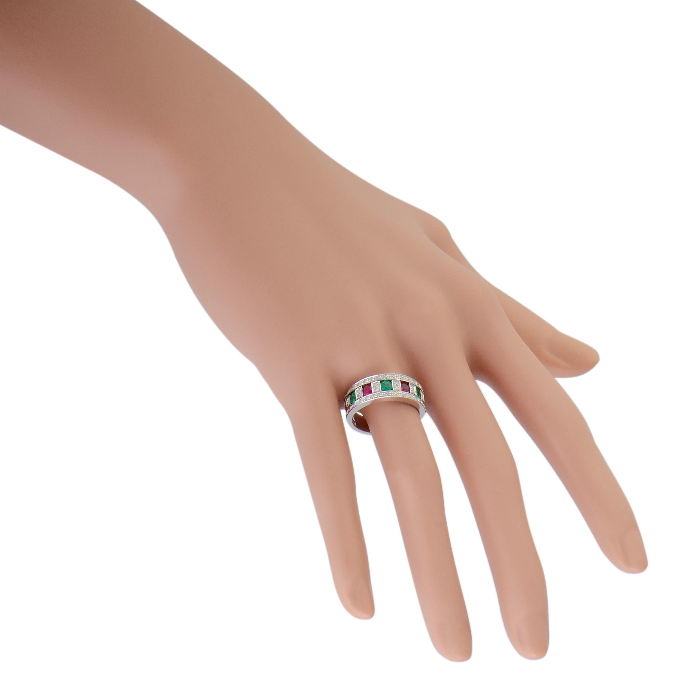 Women's Damiani Belle Epoque 18 Karat White Gold Diamond, Ruby, and Emerald Band Ring