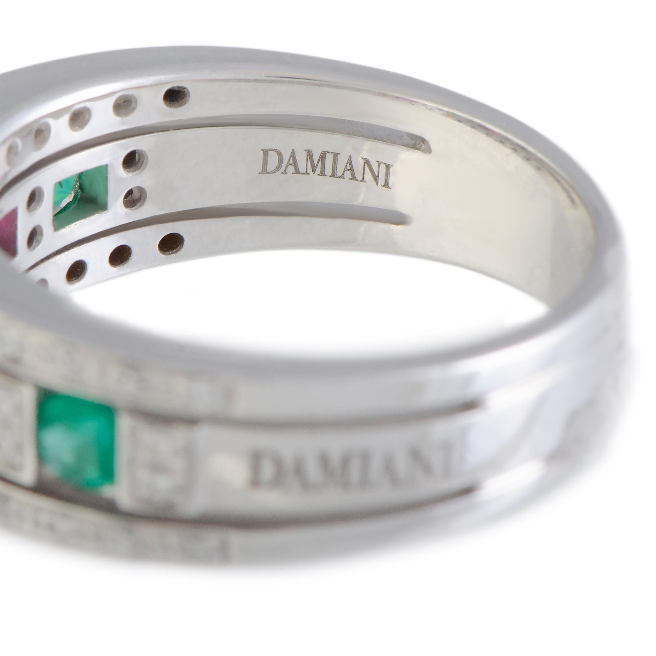 Damiani Belle Epoque 18 Karat White Gold Diamond, Ruby, and Emerald Band Ring 1