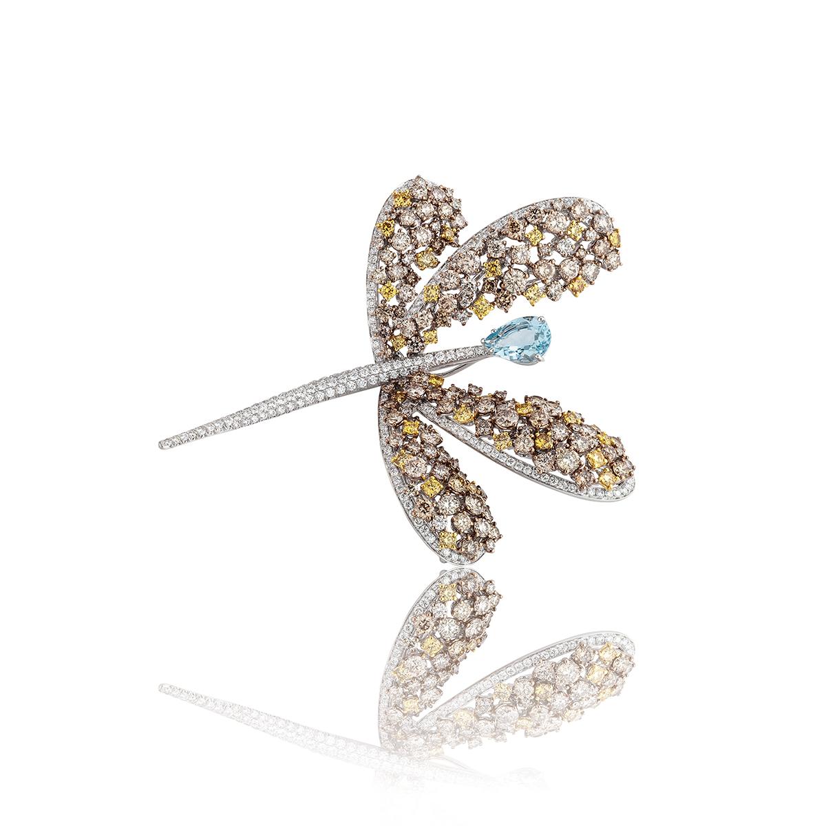 Round Cut Damiani Butterfly Diamond Gold Brooch Convertible Pendant / Bracelet
