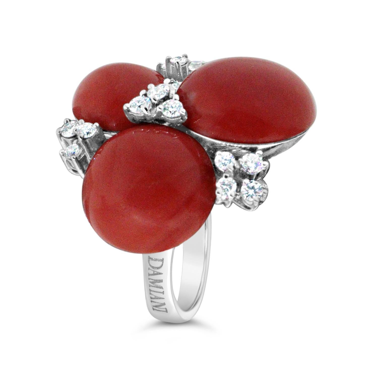 Round Cut Damiani Coral and Diamond Ring