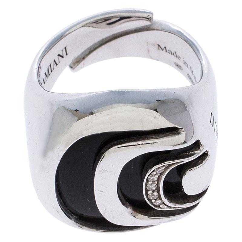 Contemporary Damiani Damianissima Onyx Diamond Silver Ring Size 53