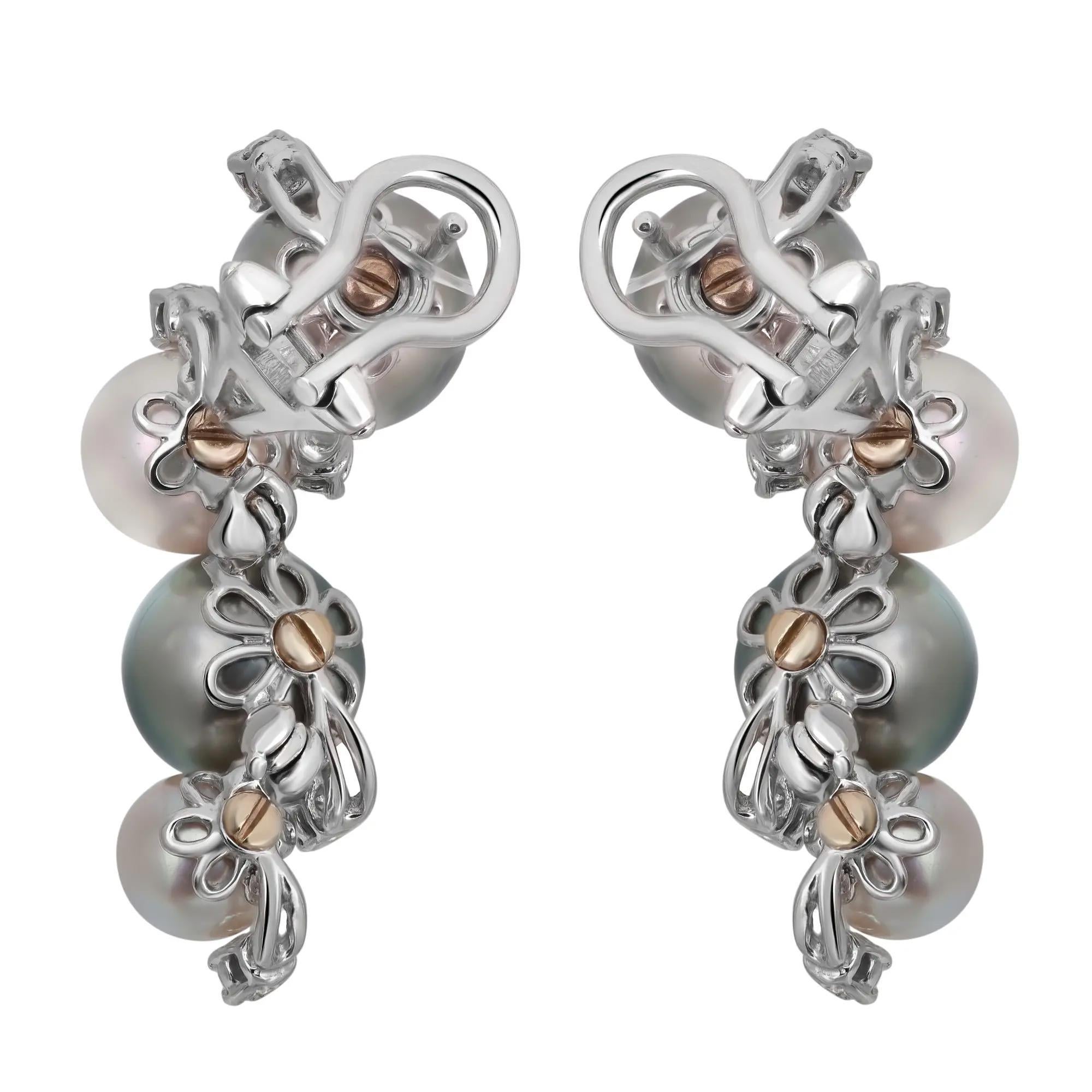 Modern Damiani Diamond And Cultured Pearl Drop Earrings 18K White Gold 0.45Cttw For Sale