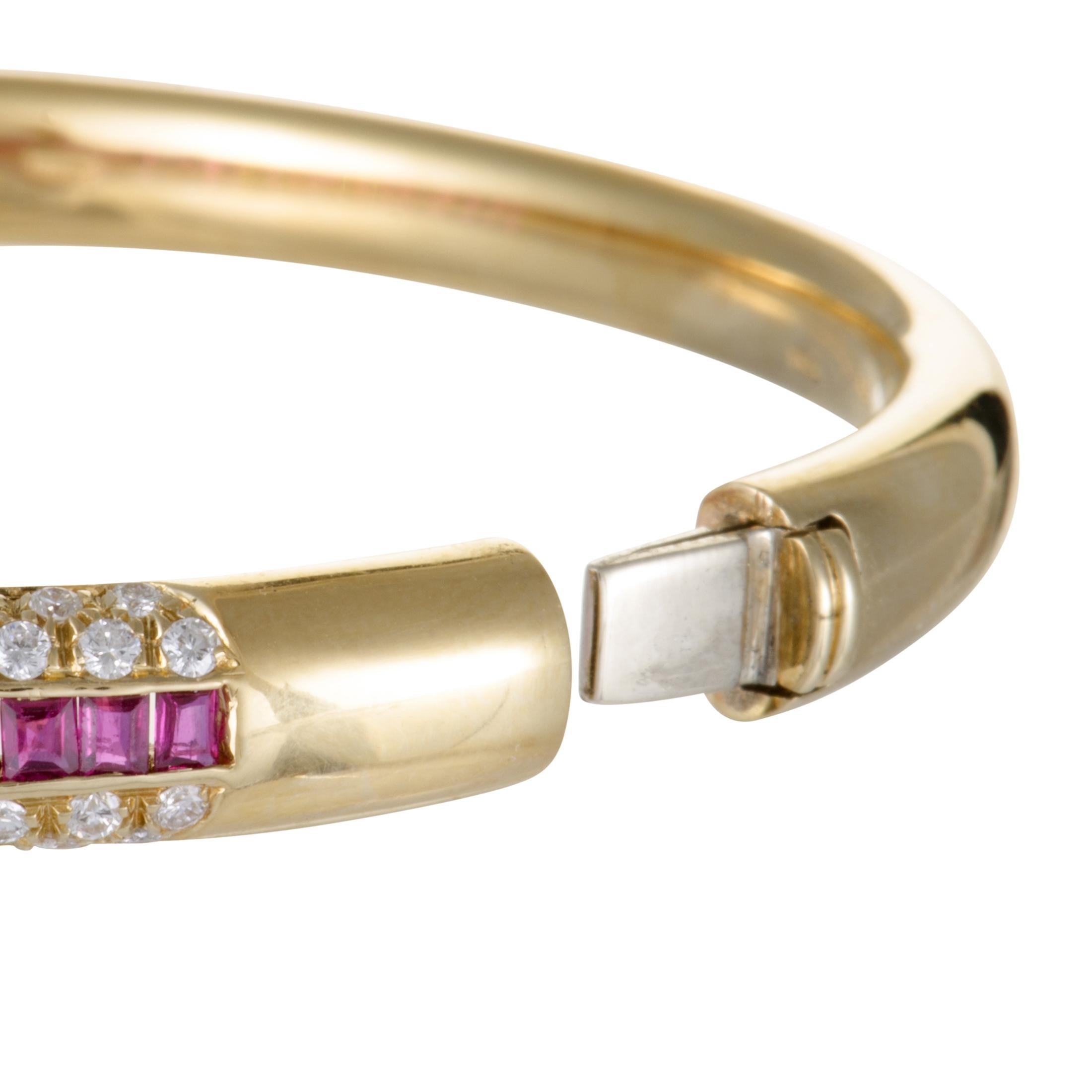 Damiani Diamond Pave and Ruby Baguettes Yellow Gold Bangle Bracelet In Excellent Condition In Southampton, PA