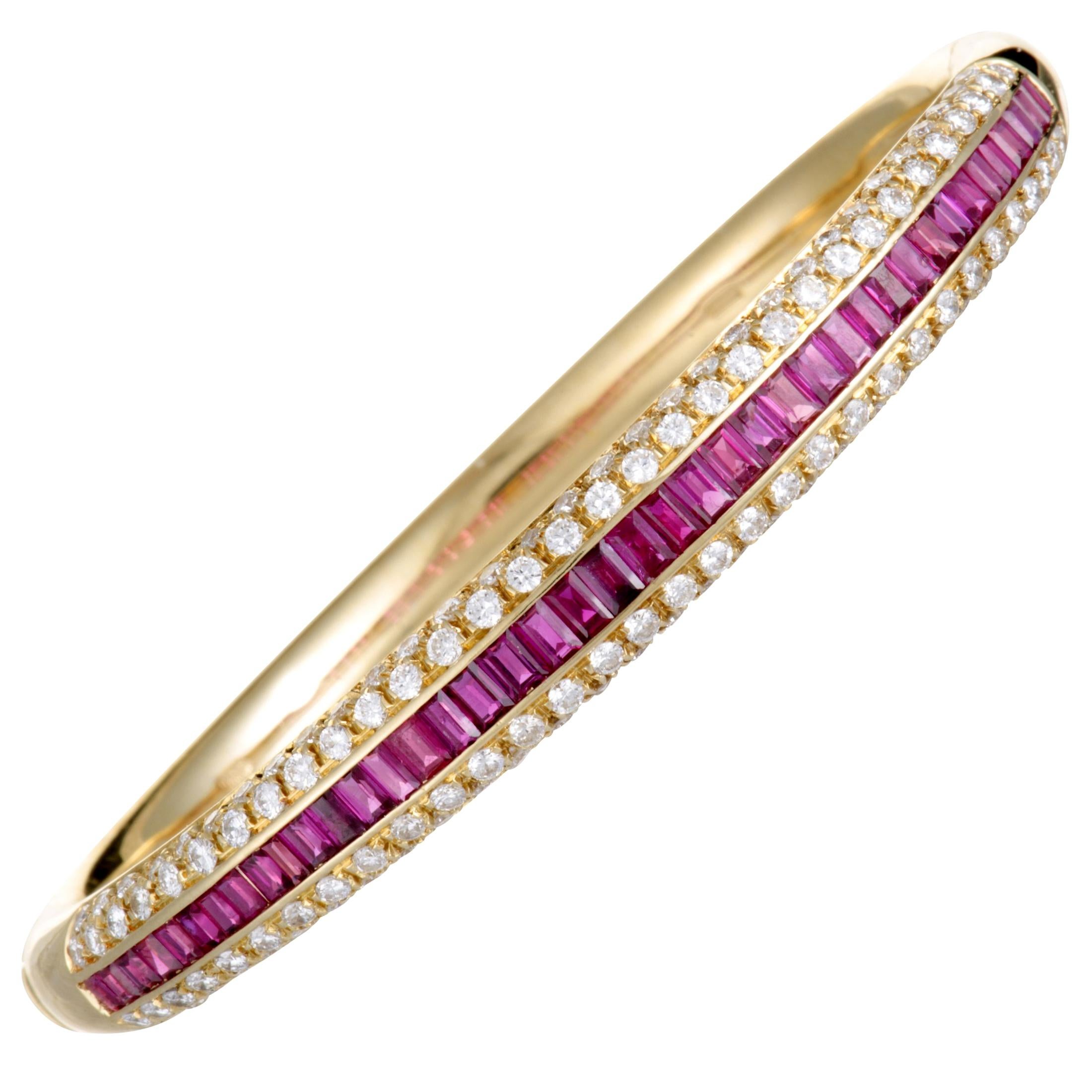 Damiani Diamond Pave and Ruby Baguettes Yellow Gold Bangle Bracelet