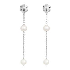 Damiani Diamond Pearl Long Drop Chain Earrings 18K White Gold 0.54Cttw