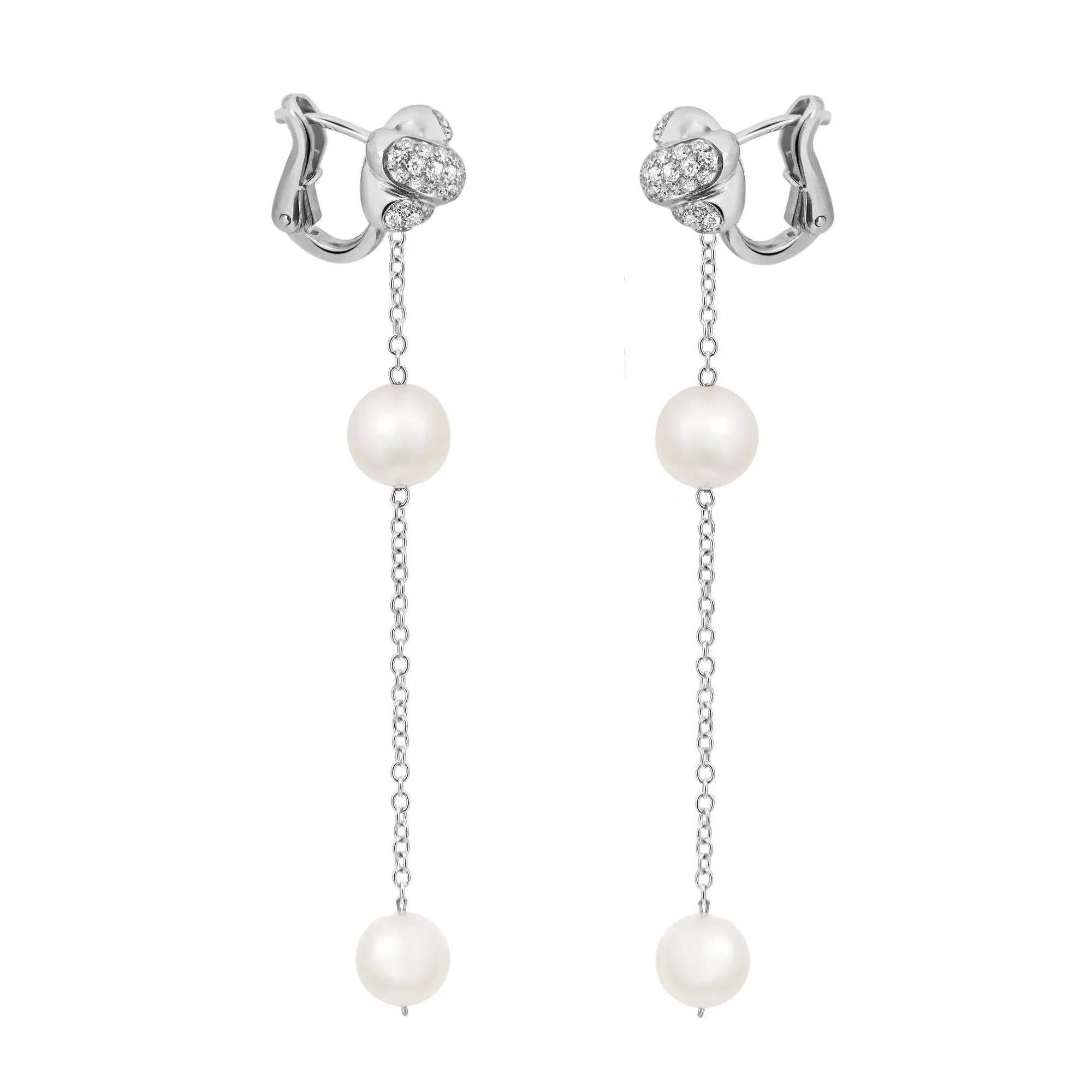 Modern Damiani Diamond Pearl Long Drop Chain Earrings 18K White Gold 0.54Cttw For Sale