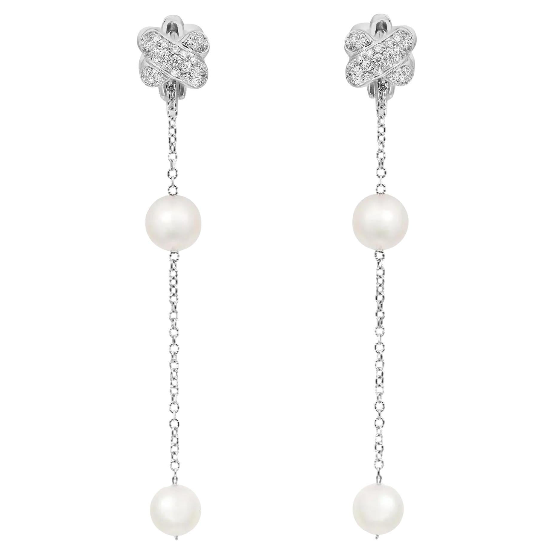 Damiani Diamond Pearl Long Drop Chain Earrings 18K White Gold 0.54Cttw For Sale