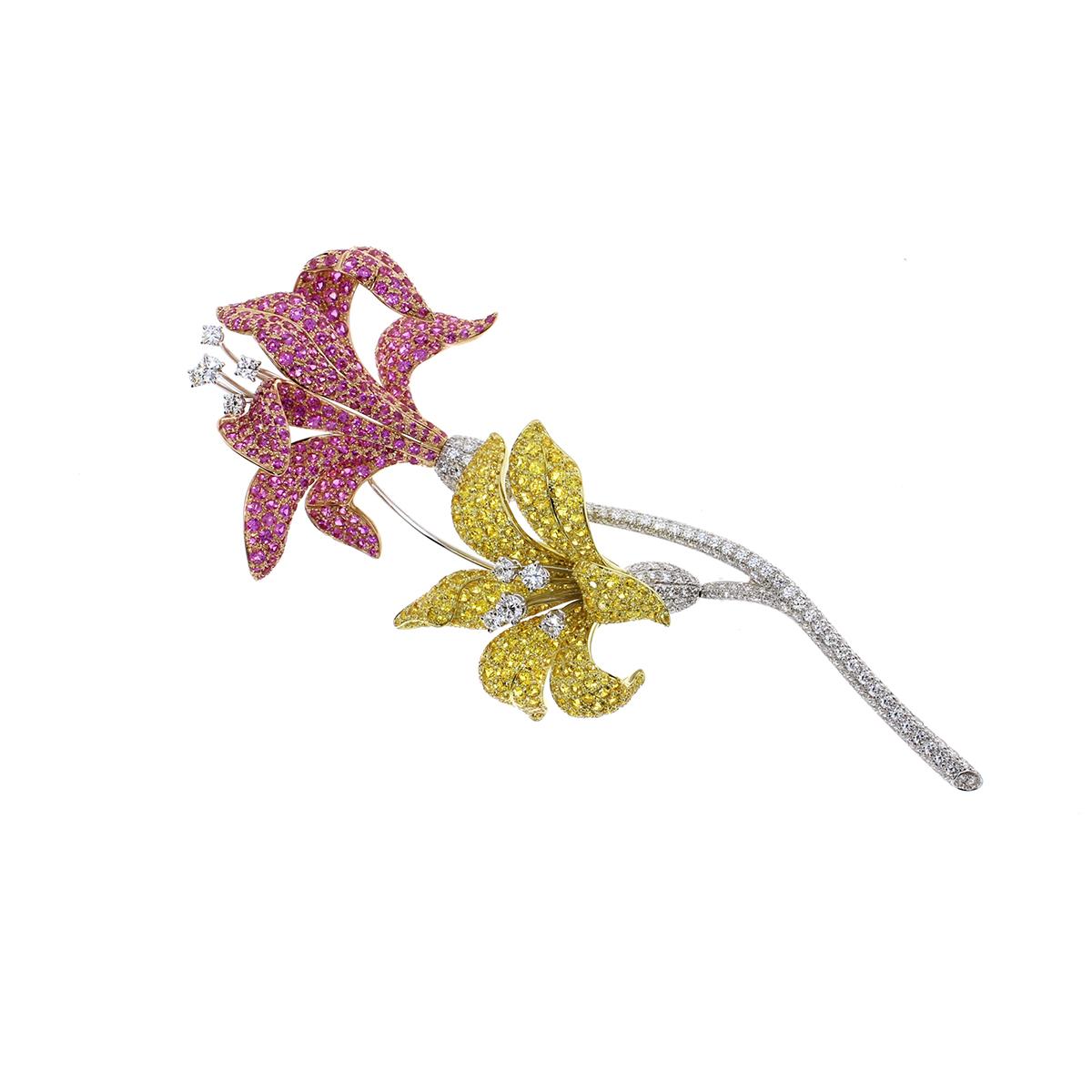 Round Cut Damiani Diamond Sapphire Flower Brooch