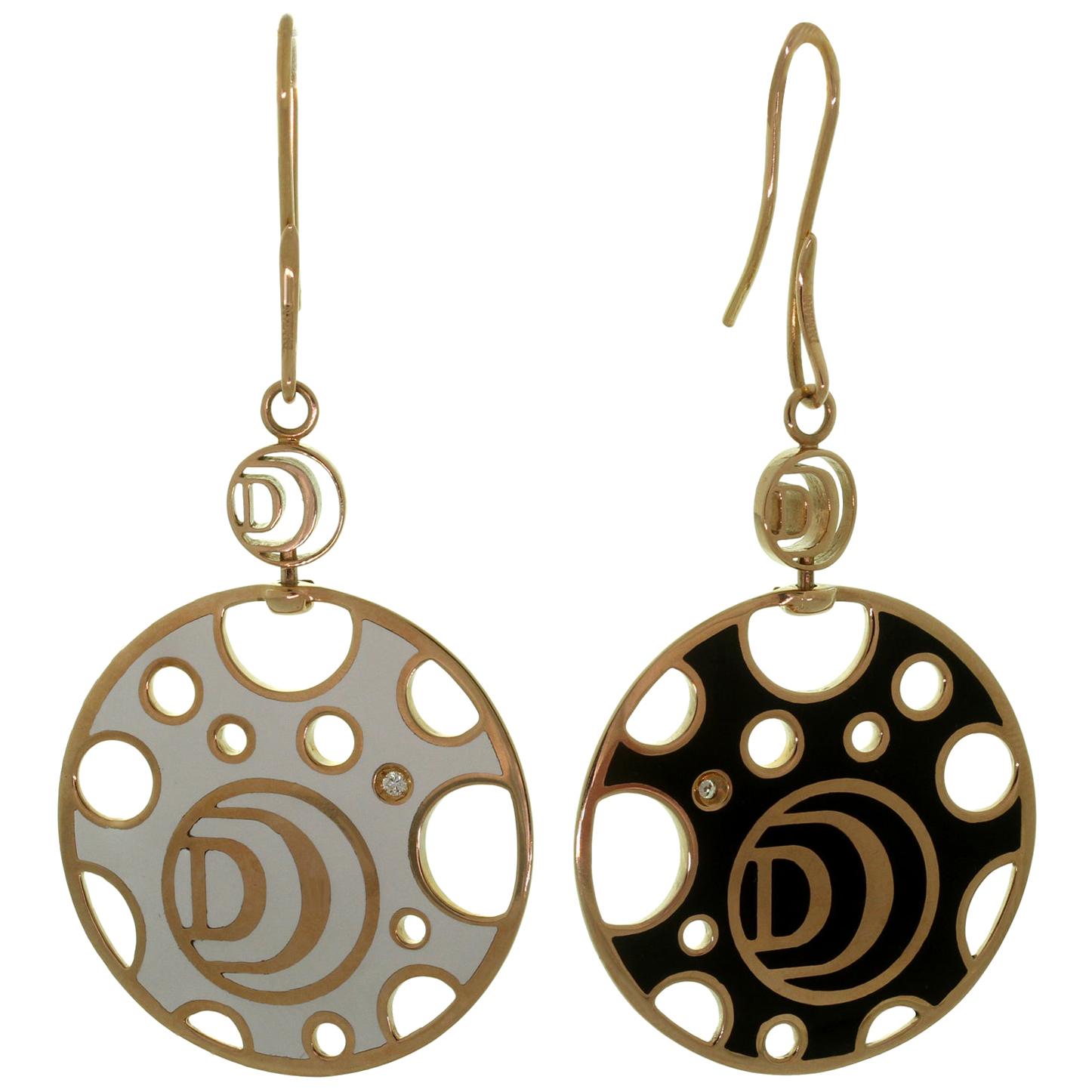 Damiani Diamond White and Black Enamel Large Disk French Wire Drop Earrings