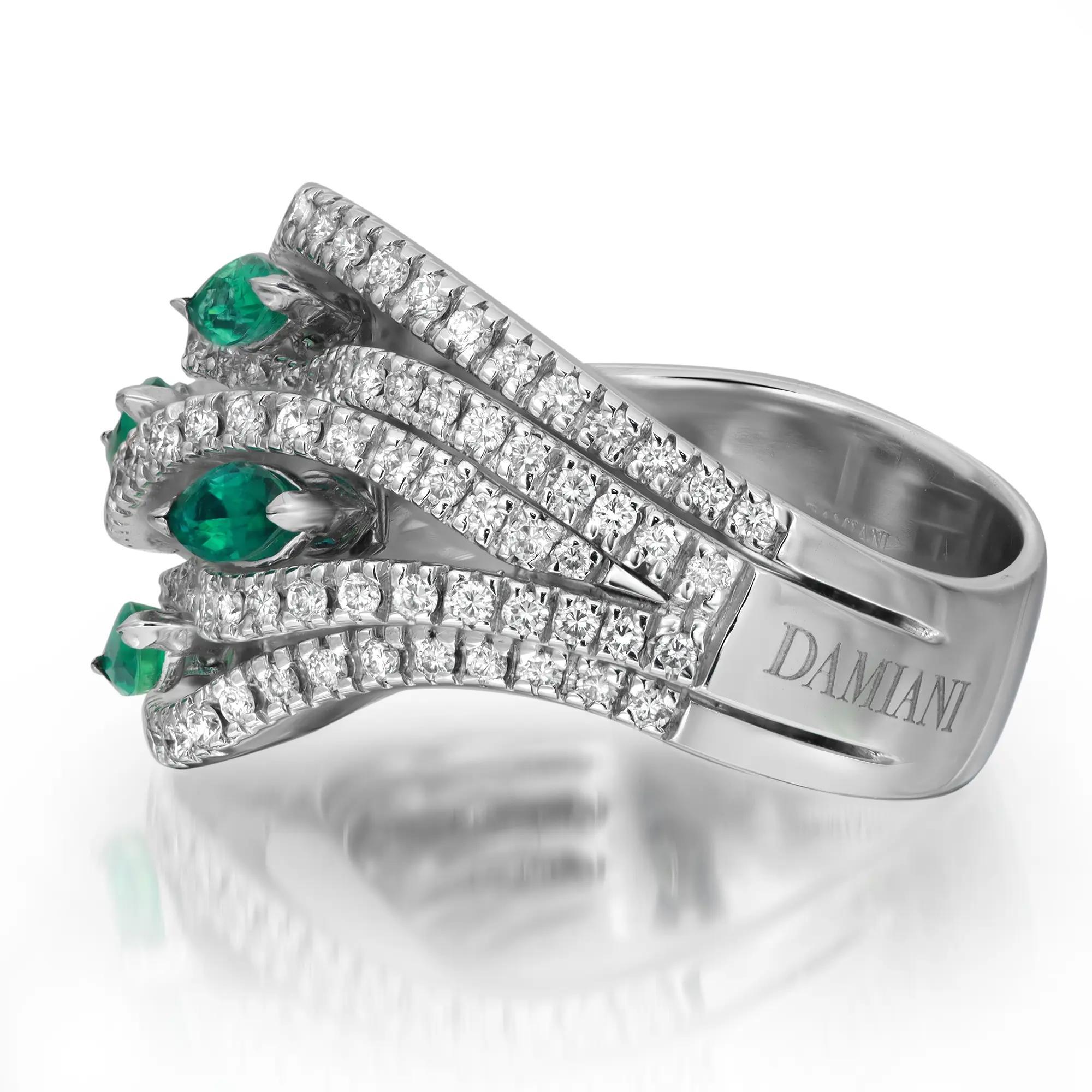 Marquise Cut Damiani Emerald 0.70Ctw & Diamond 0.95ctw Cocktail Ring 18K White Gold Size 7.5 For Sale