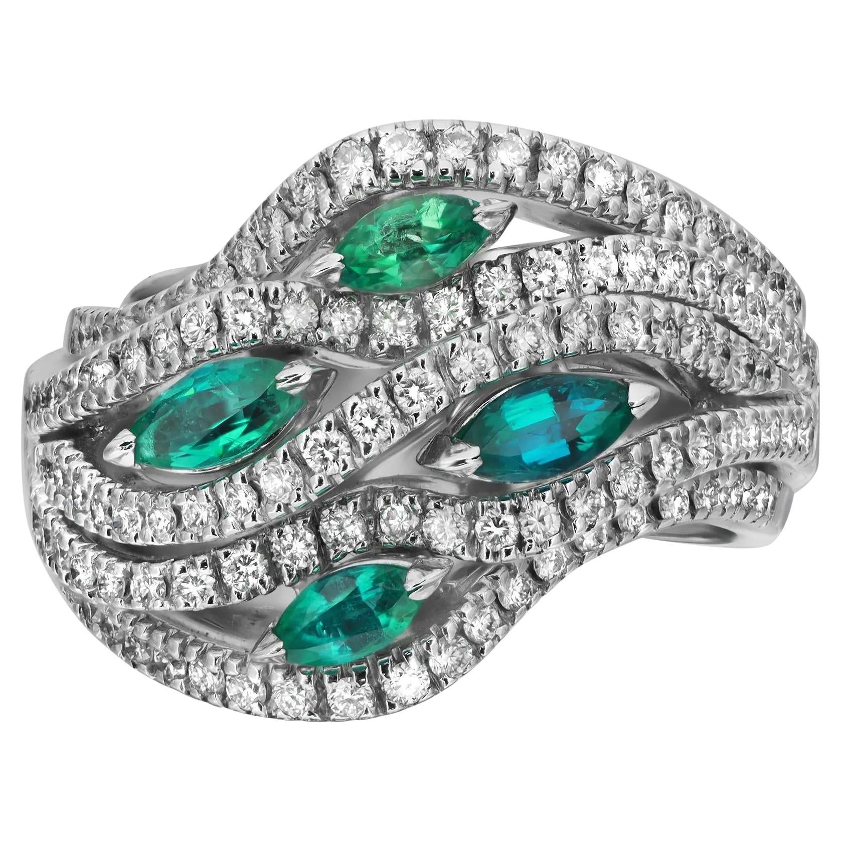 Damiani Emerald 0.70Ctw & Diamond 0.95ctw Cocktail Ring 18K White Gold Size 7.5