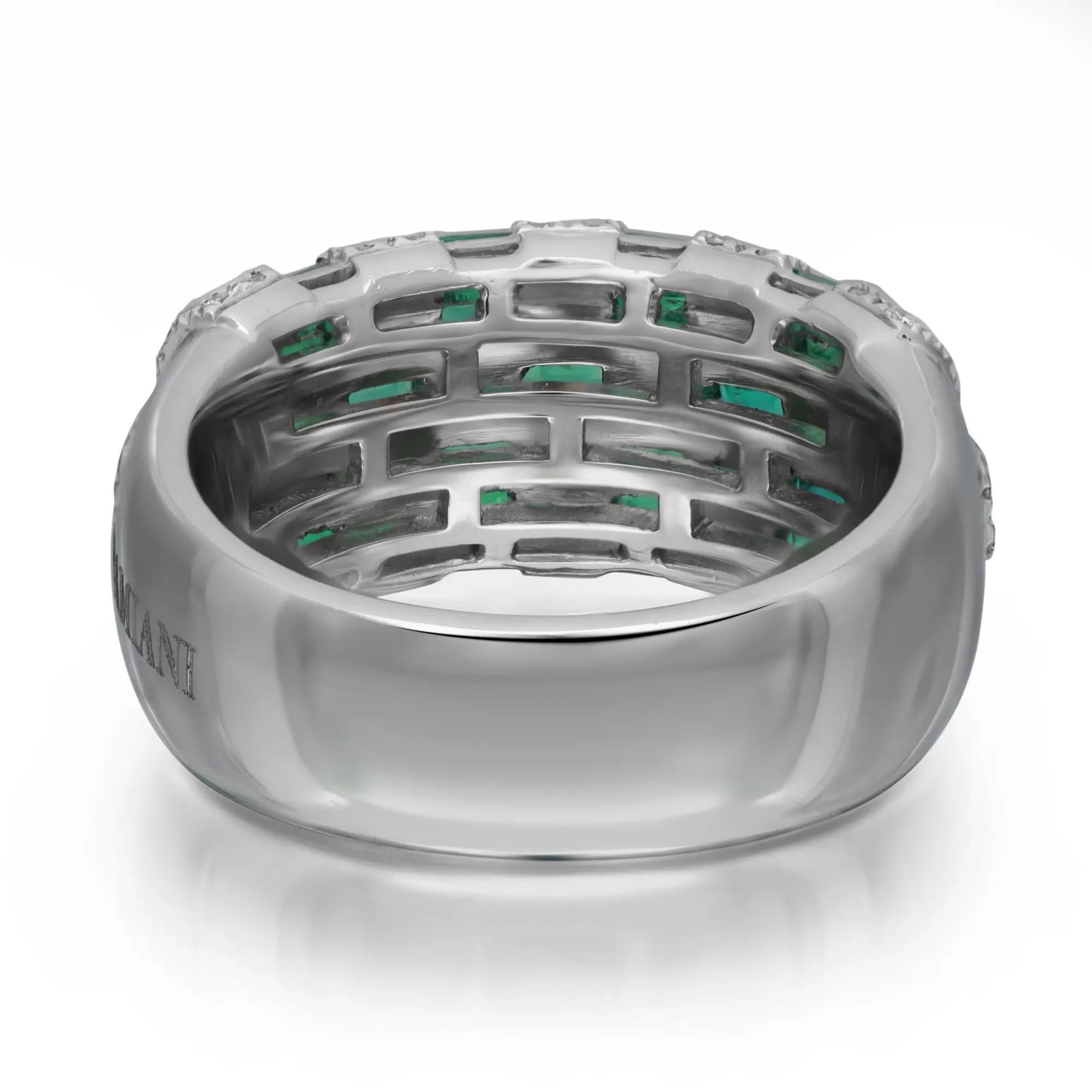 Modern Damiani Emerald 1.06ctw & Diamond 0.53ctw Cocktail Band Ring 18K White Gold For Sale
