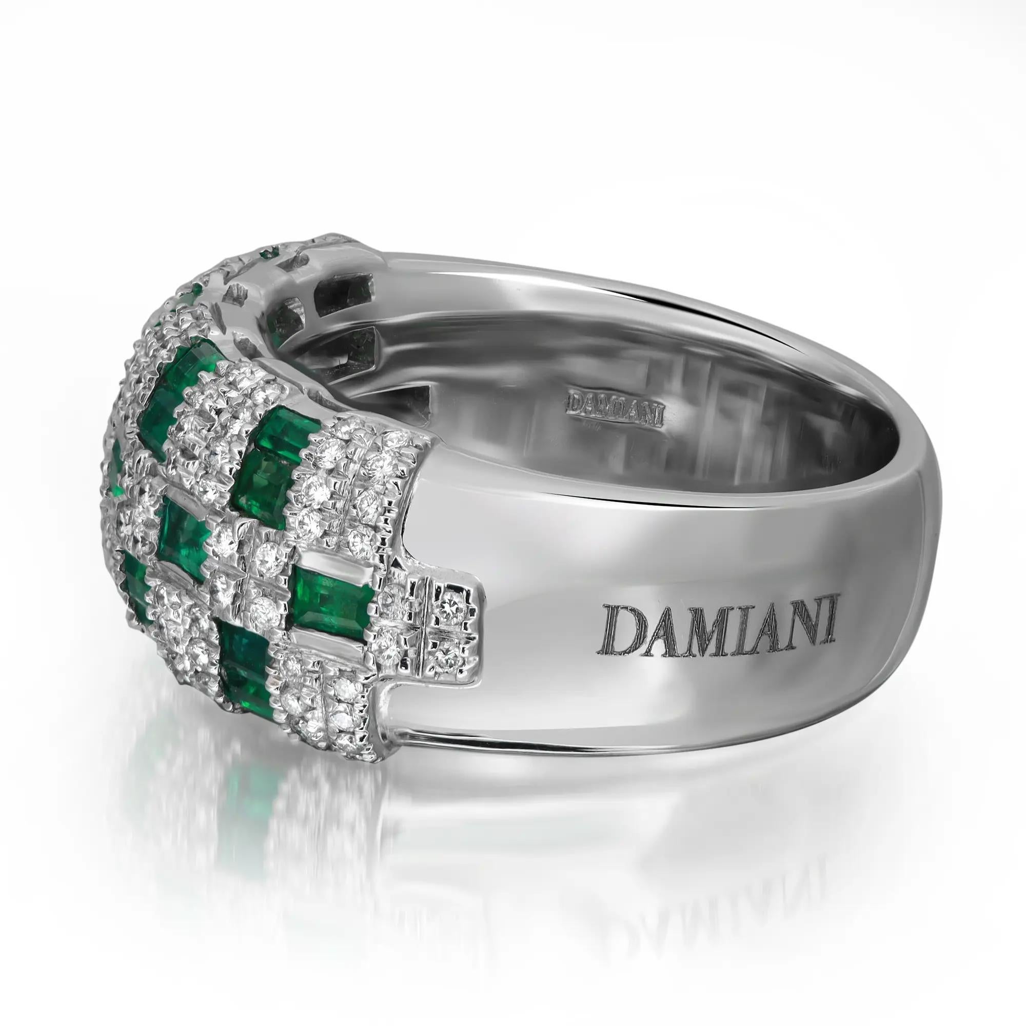 Emerald Cut Damiani Emerald 1.06ctw & Diamond 0.53ctw Cocktail Band Ring 18K White Gold For Sale