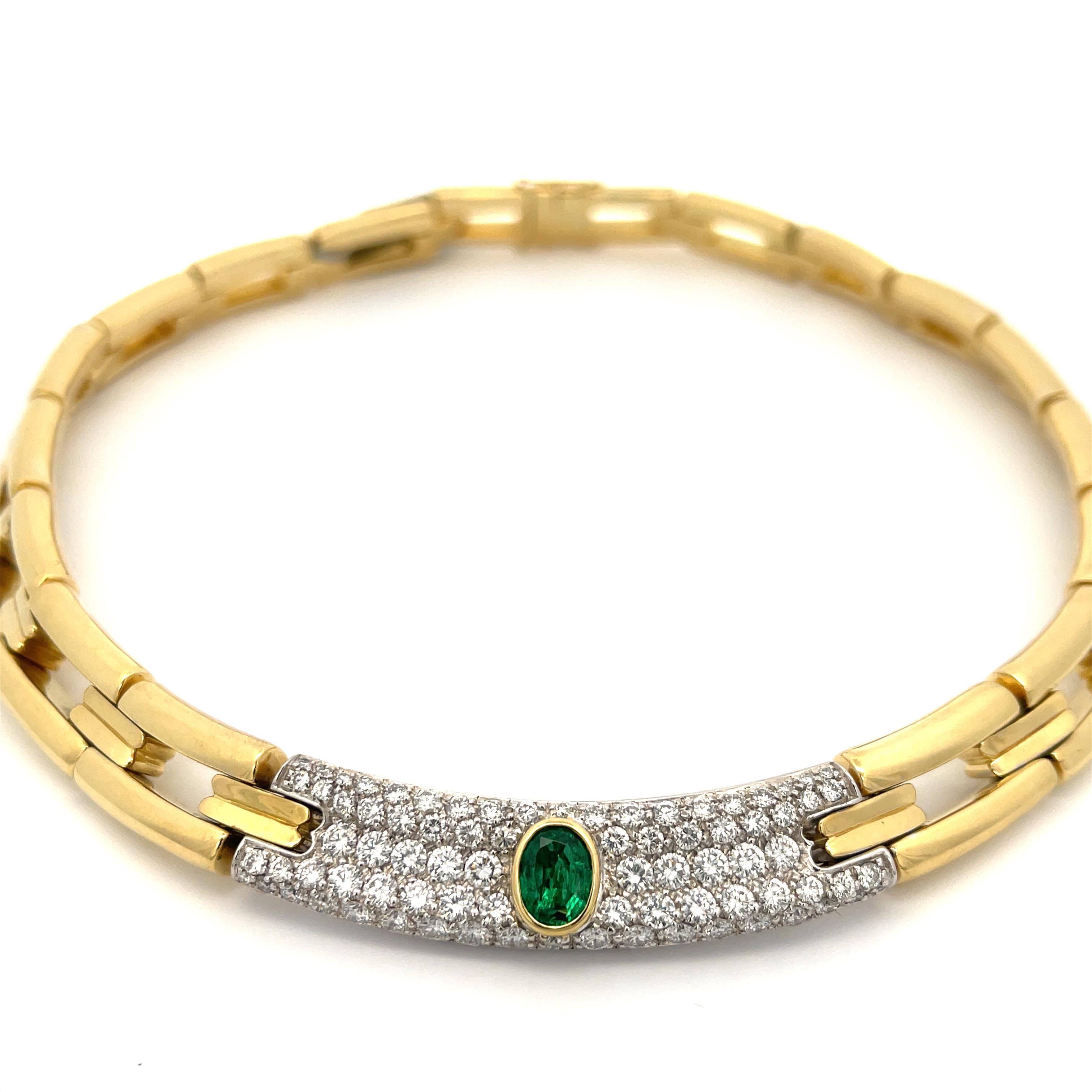 Oval Cut Damiani Emerald and Diamond Necklace 18k Yellow Gold For Sale