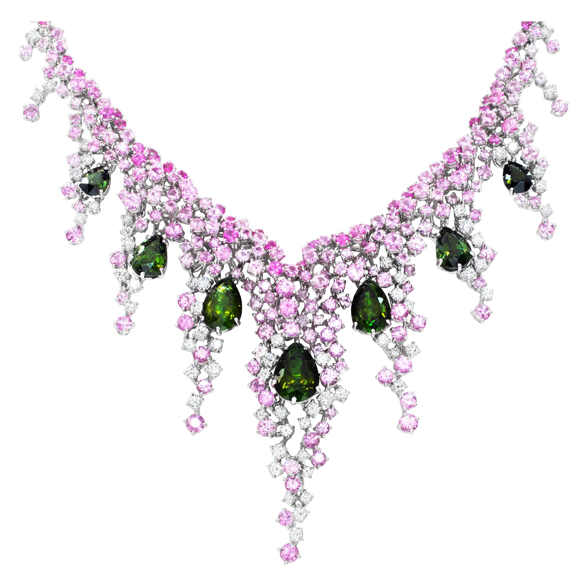 Damiani pink sapphire, tourmaline and diamond necklace in 18k white gold, with approximately over 12 carats in pink sapphires, over 12 carats in green tourmaline and 4.50 carats in D-F color, VVS-VS clarity diamonds. Damiani High Jewelry Mimosa
