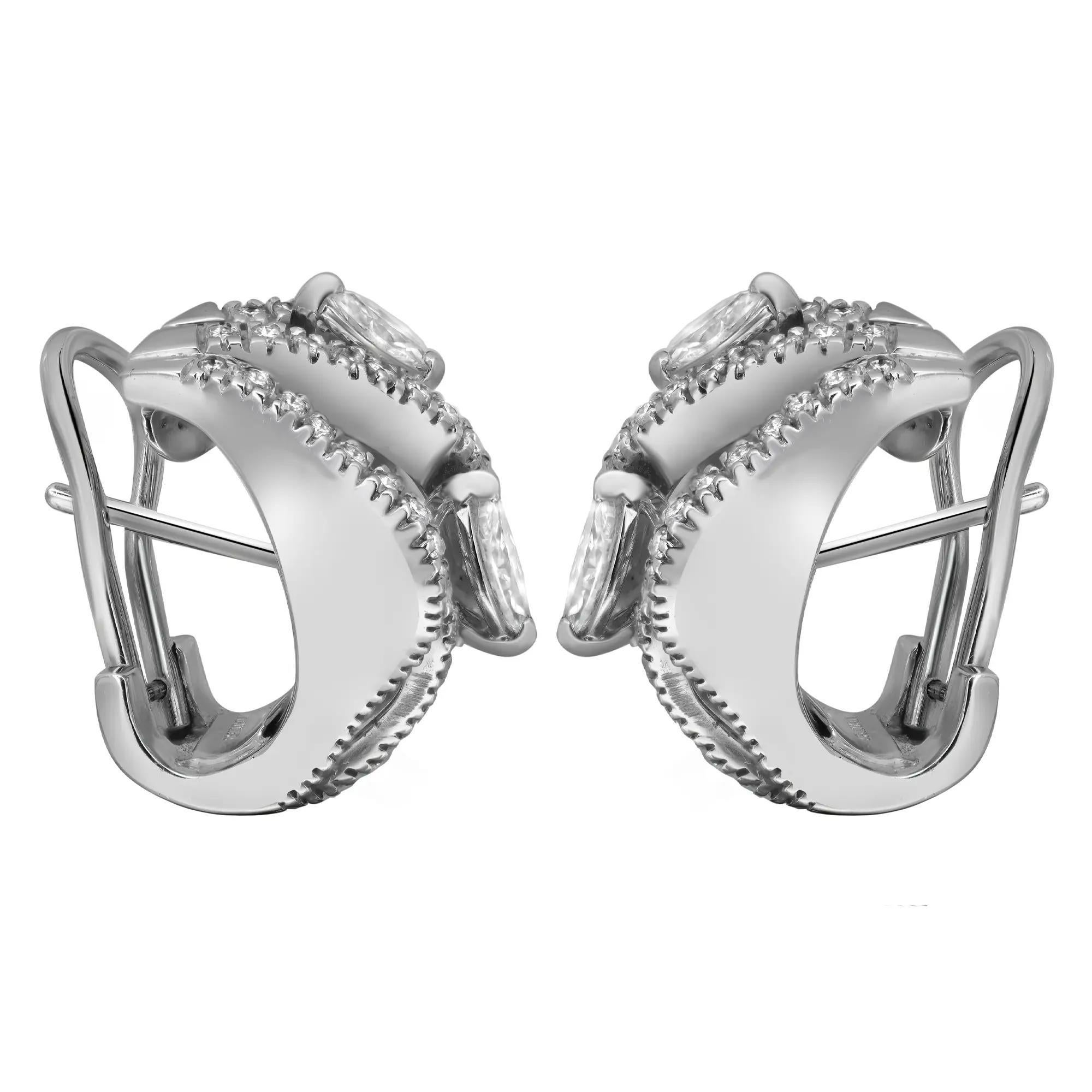 These beautiful huggies earrings are crafted in 18K white gold and encrusted with 2 prong set marquise cut diamonds weighing 0.71 carat with multiple bands studded with round cut diamonds weighing 1.00 carat. Diamond color G-H and clarity VS-SI.